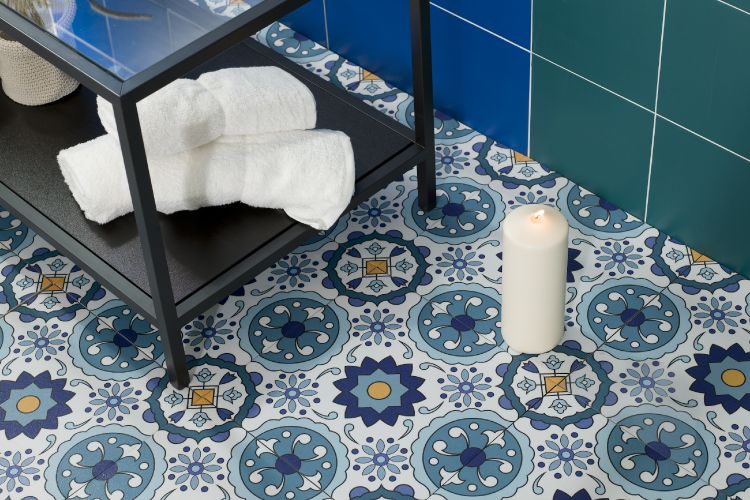 Porcelain Tile-bathroom-floor-pattern-blue-candle-towel-table-green-wall