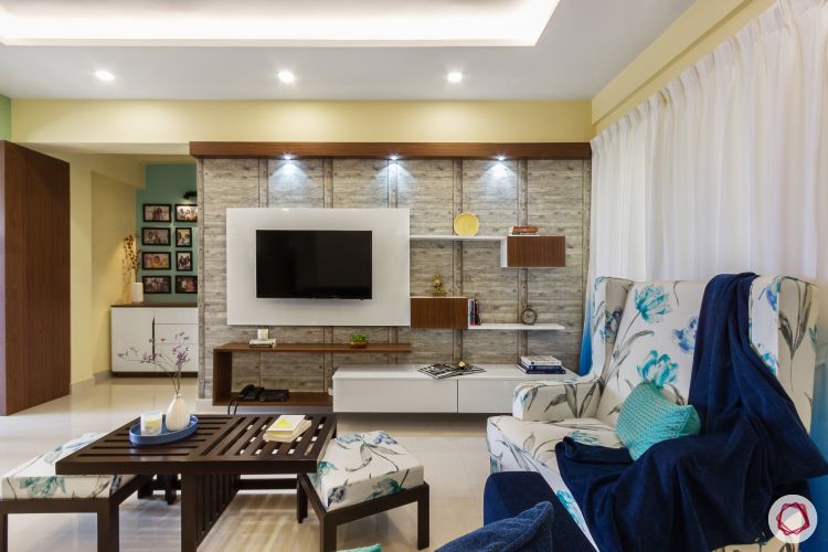 home bangalore-living room-seating area-tv unit-wooden finish wallpaper-laminate tv unit