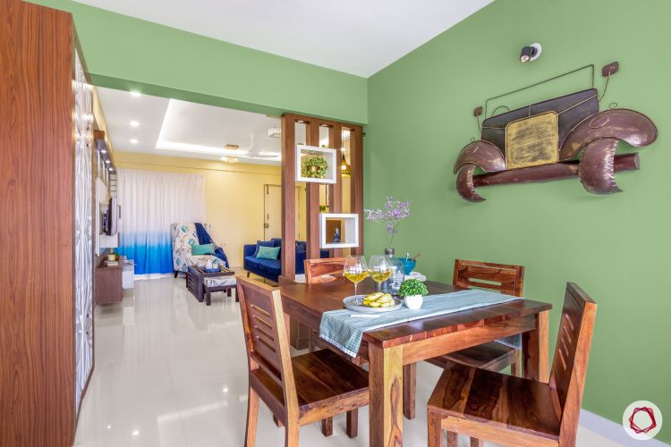 home bangalore-dining room-green wall-wooden table