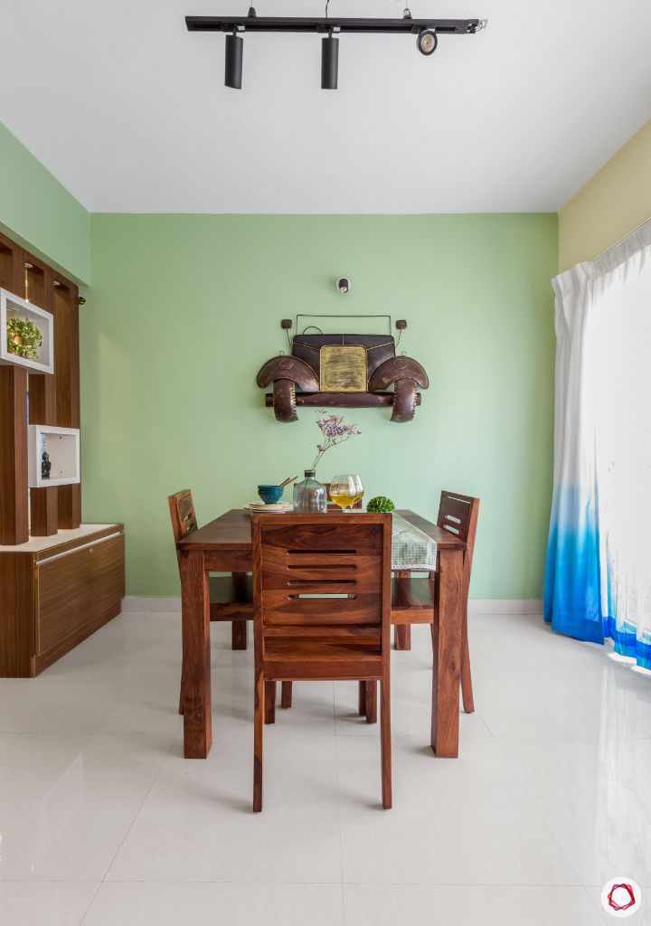 home bangalore-dining room-wooden dining table-dining chairs-green wall