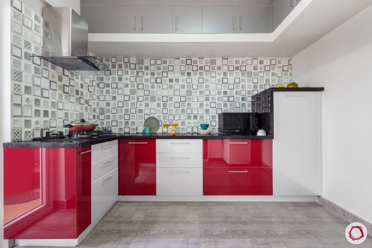 home bangalore-modular kitchen-red and white kitchen-tall unit