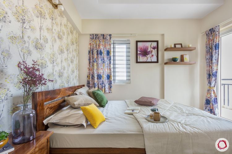 home bangalore-guest bedroom-full room design-wooden tones-display ledges