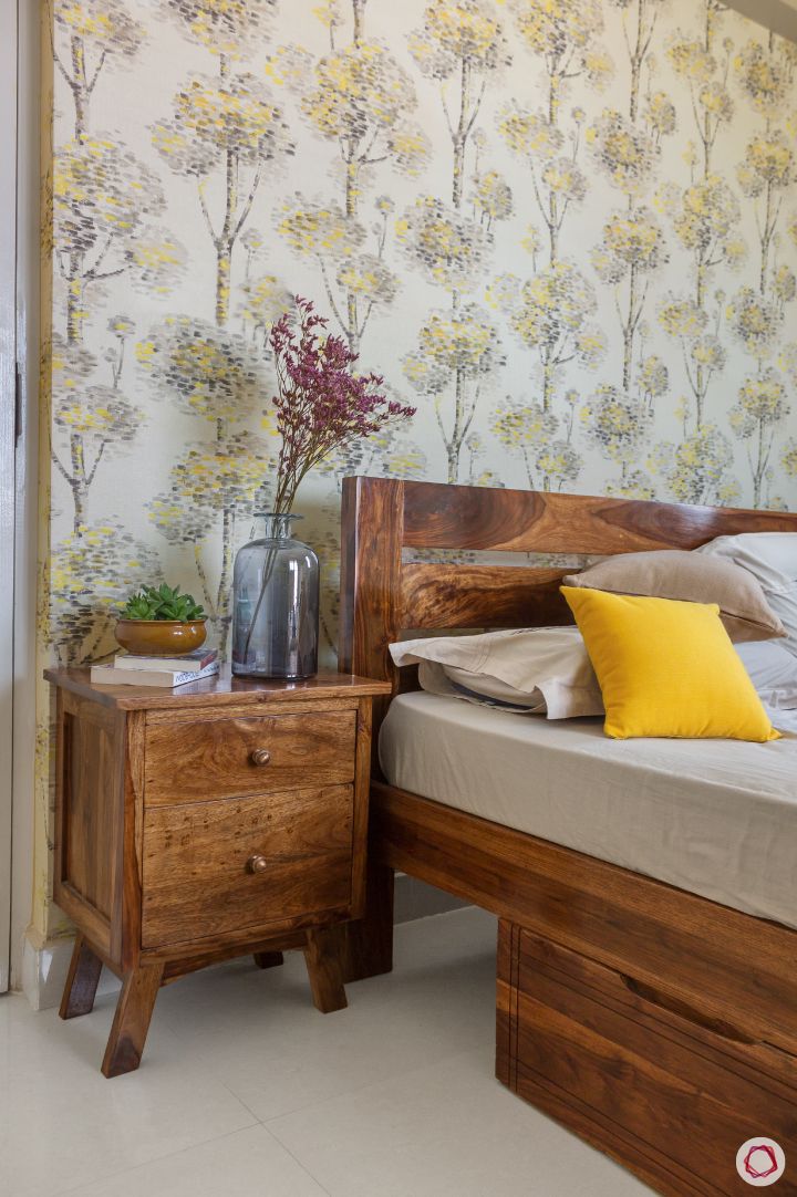 home bangalore-guest bedroom-full room design-wooden tones-floral wallpaper