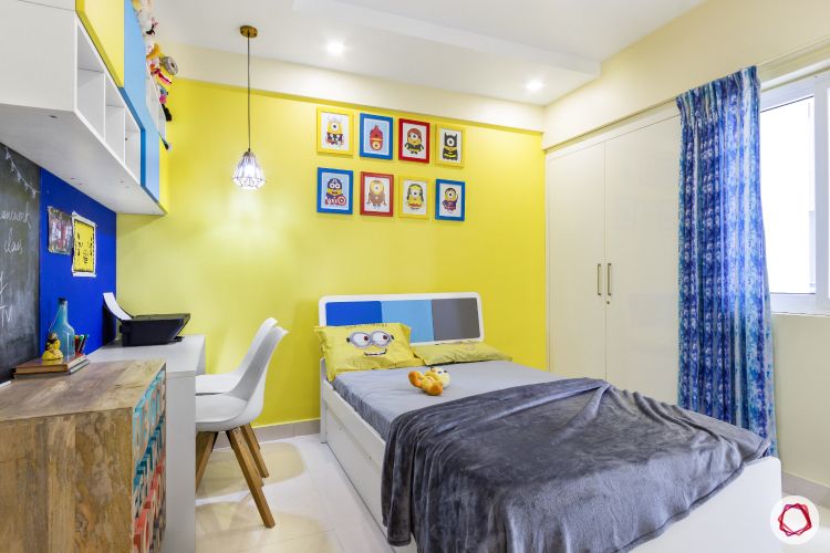 home bangalore-kids bedroom-minion theme-yellow wall-wall frames