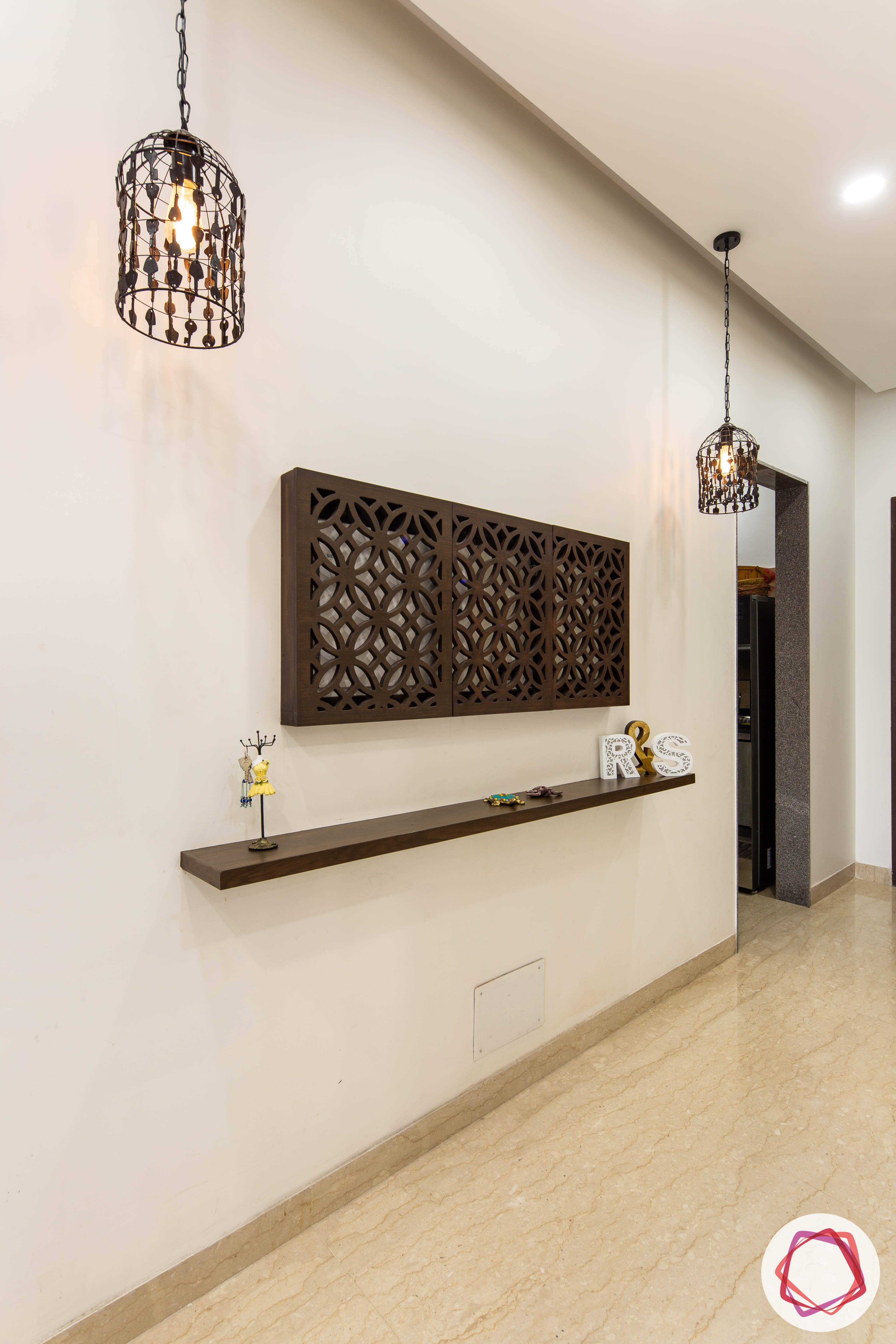 DLF garden villas-foyer-wood-light-shelf-false-ceiling-lights