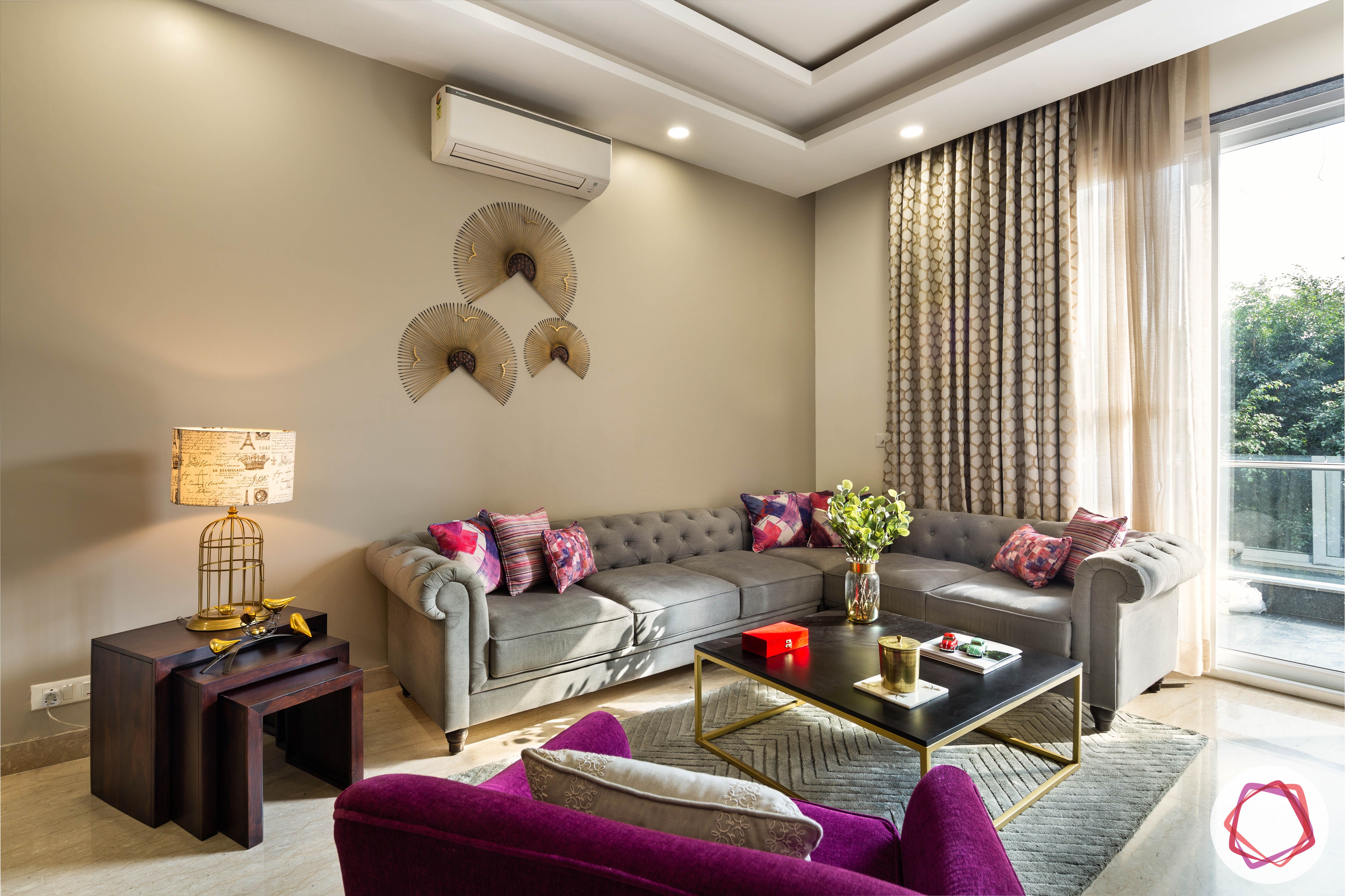 DLF garden villas-living-room-false-ceiling-sofa-table-TV-balcony-lamp