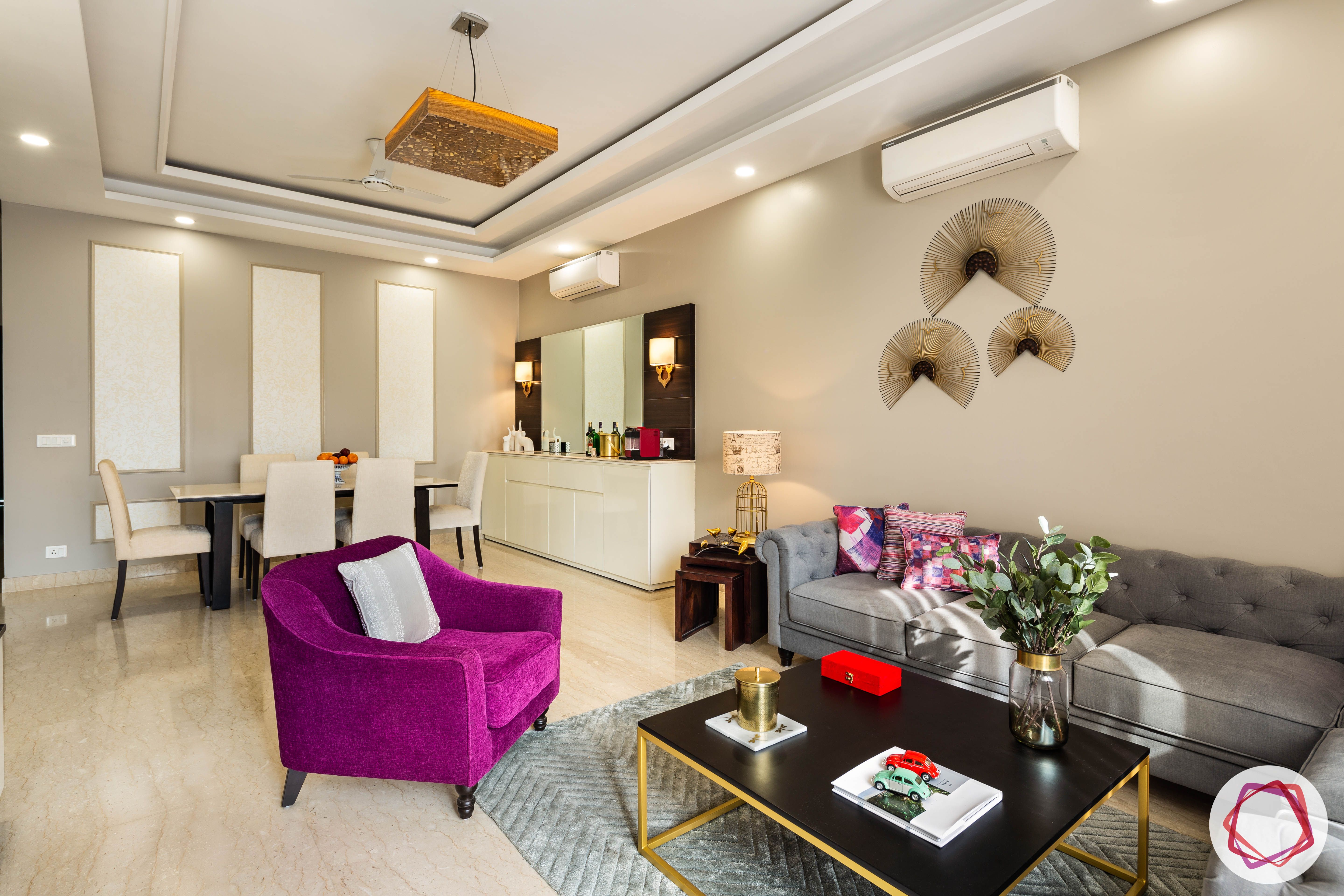 DLF garden villas-living-room-false-ceiling-sofa-table-TV-balcony-magenta-armchair