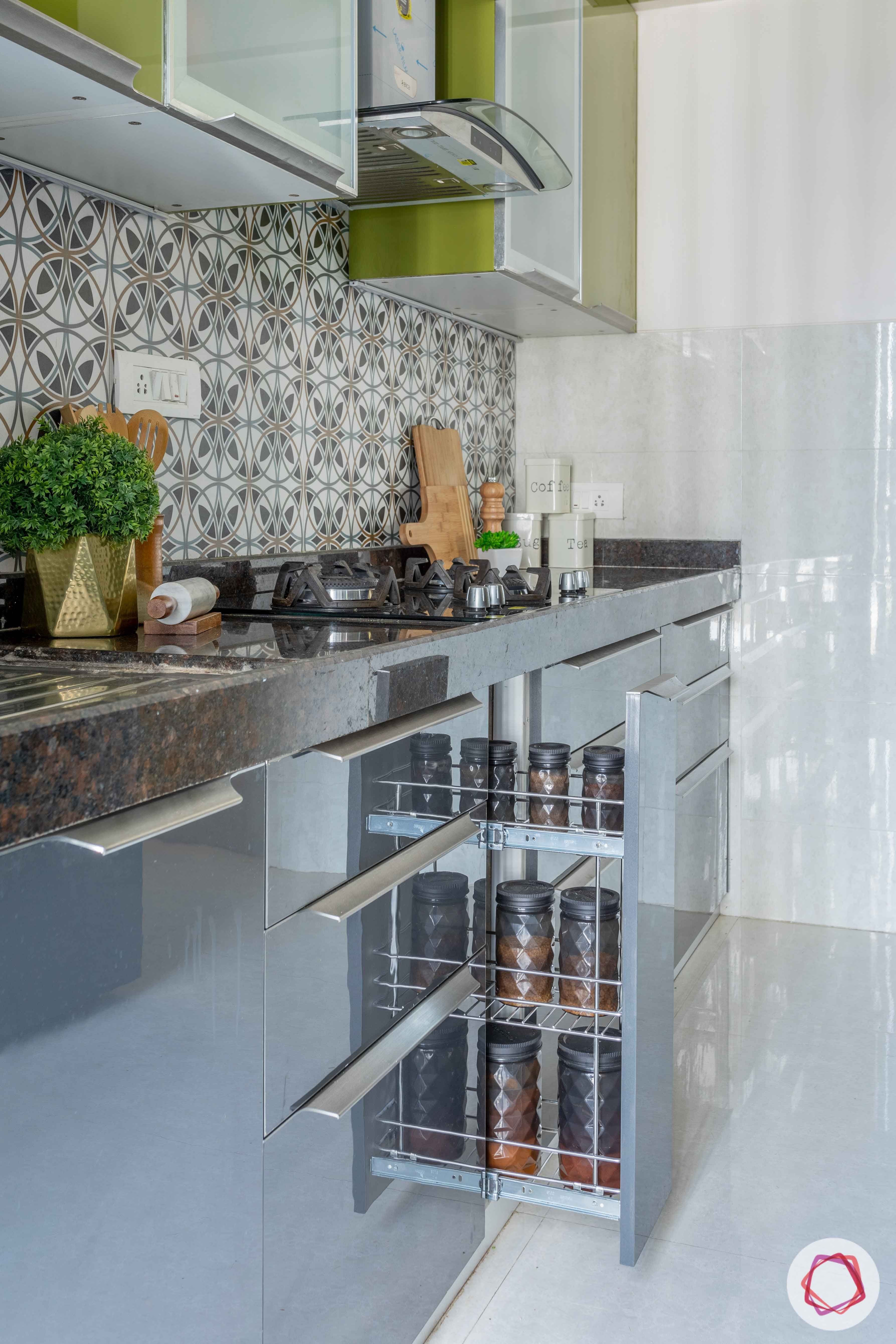 2 bhk flat interior-full kitchen-green kitchen-grey base units