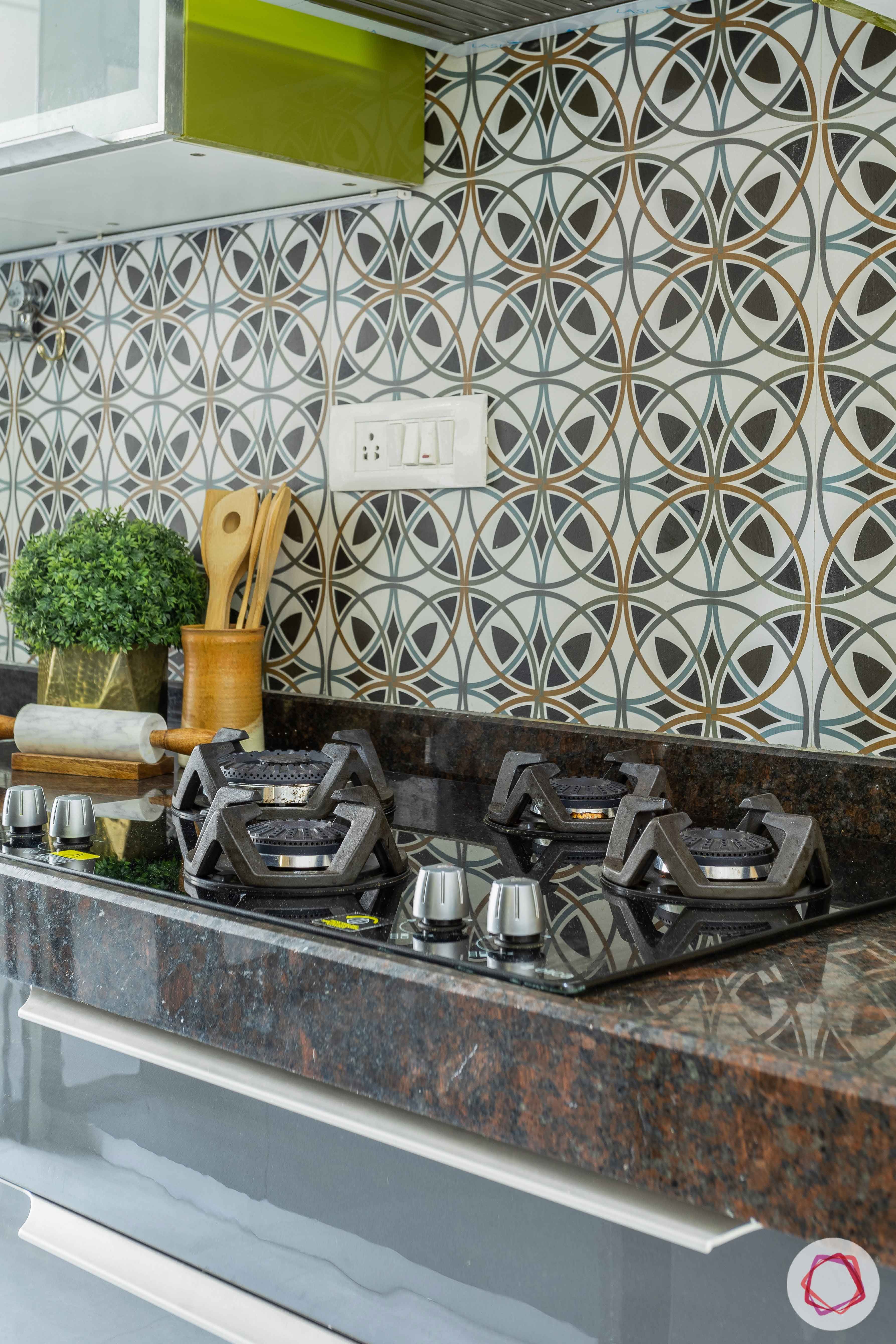 2 bhk flat interior-kitchen-glossy acrylic finish-moroccan tiles-hob unit