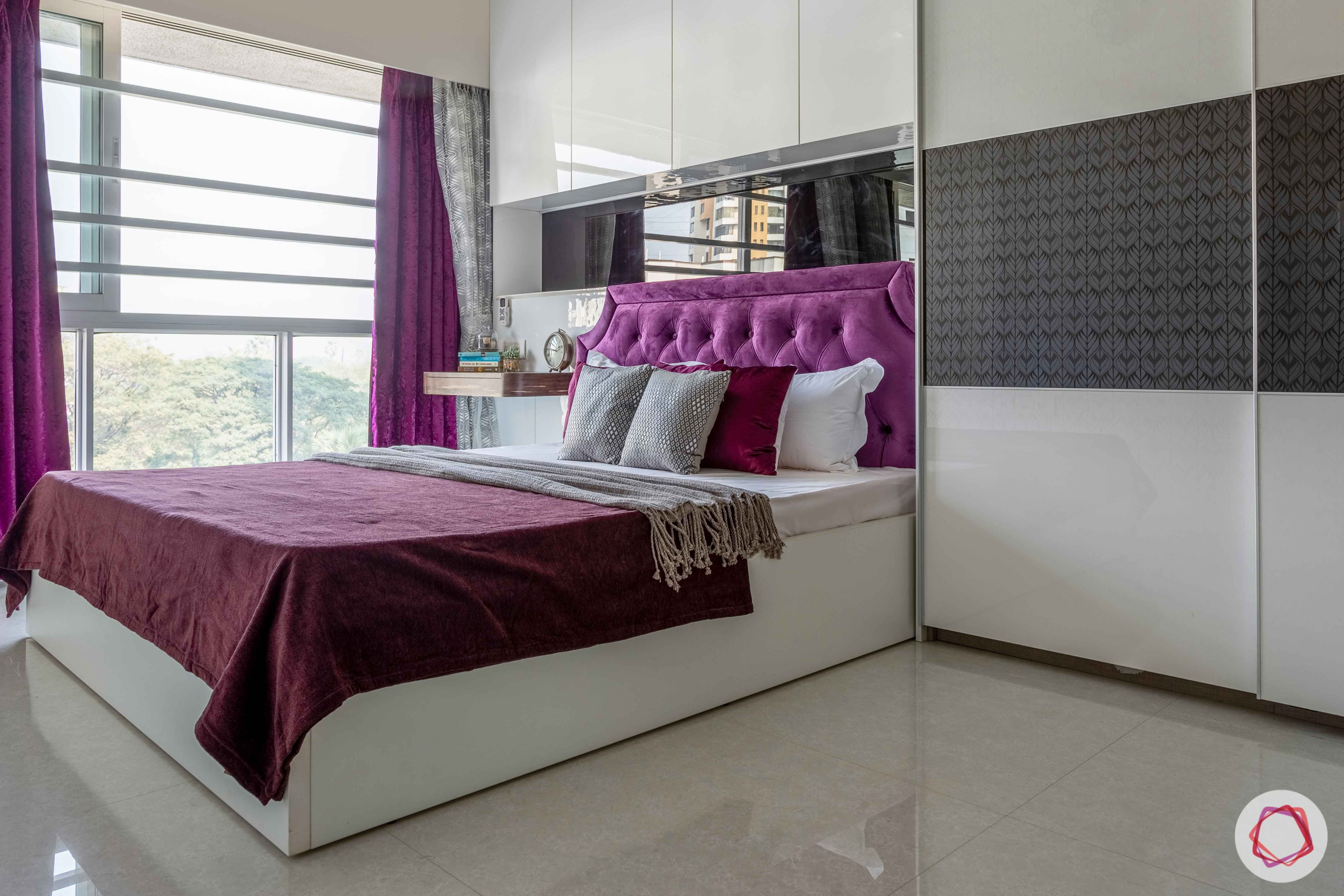2 bhk flat interior-master bedroom-sliding wardrobe-white bed