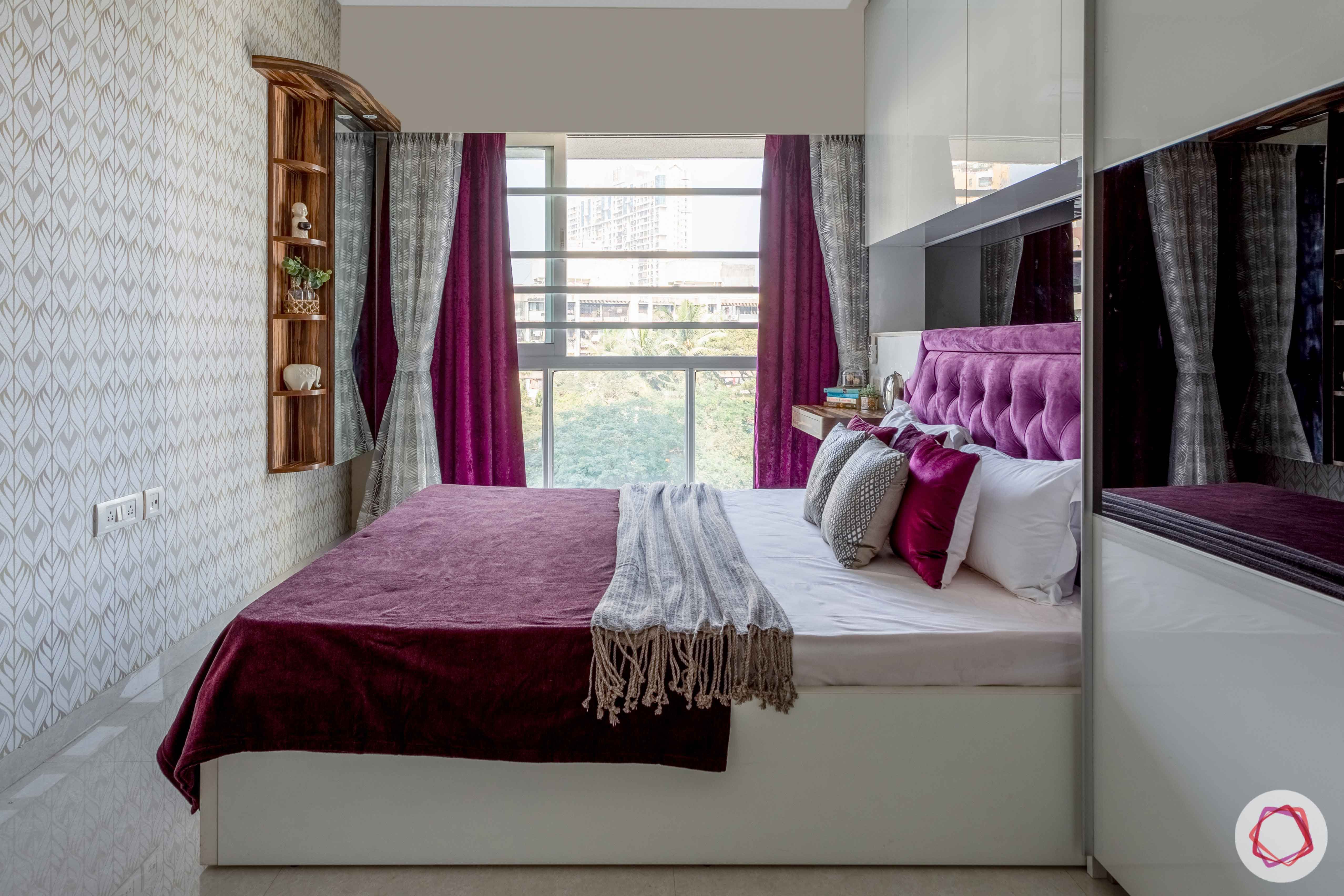 2 bhk flat interior-master bedroom-window-white bed-wall niche storage