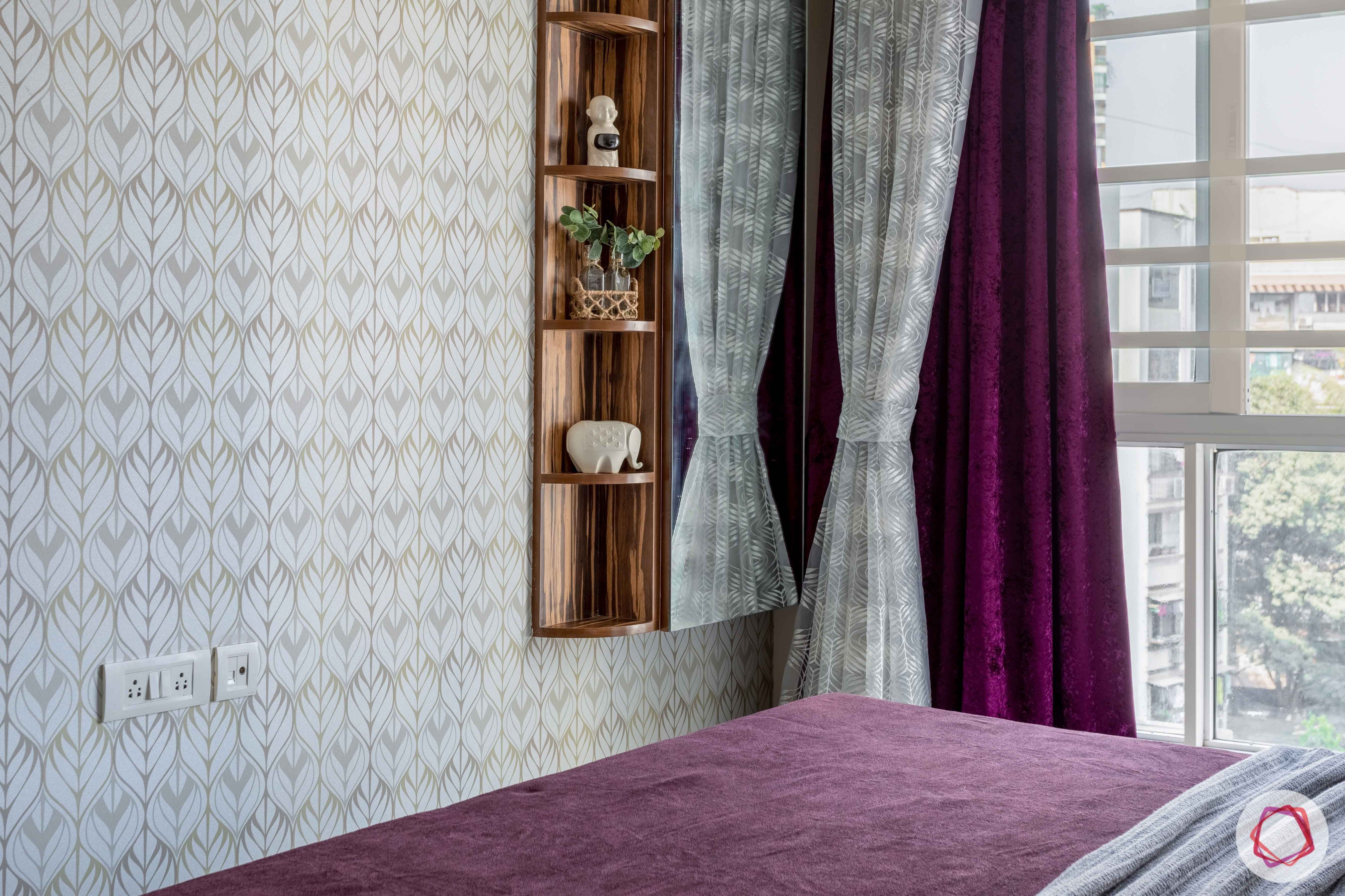 2 bhk flat interior-master bedroom-printed wallpaper-dresser unit