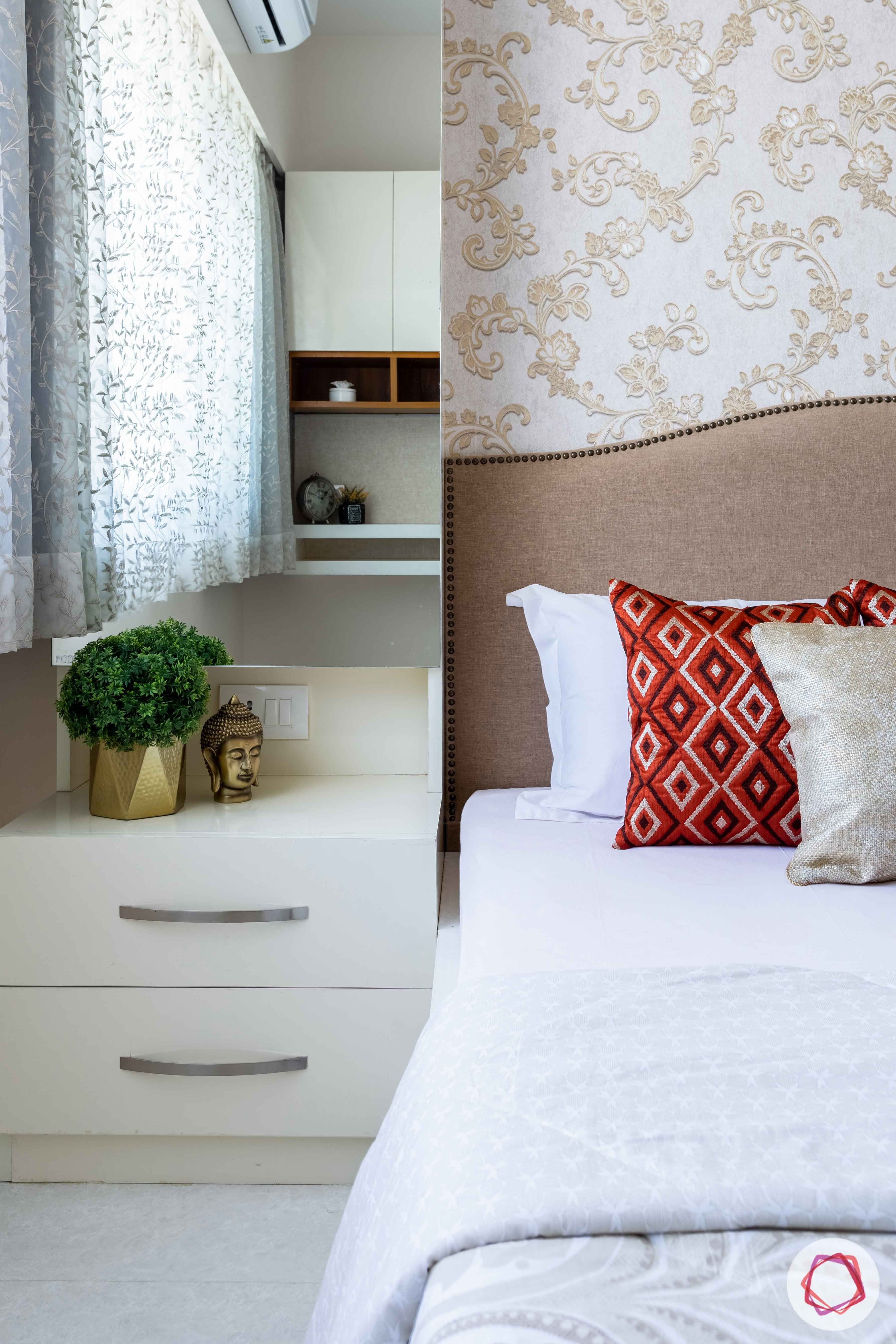 2 bhk flat interior-guest bedroom-dresser-drawers with dresser-nailhead trim headboard
