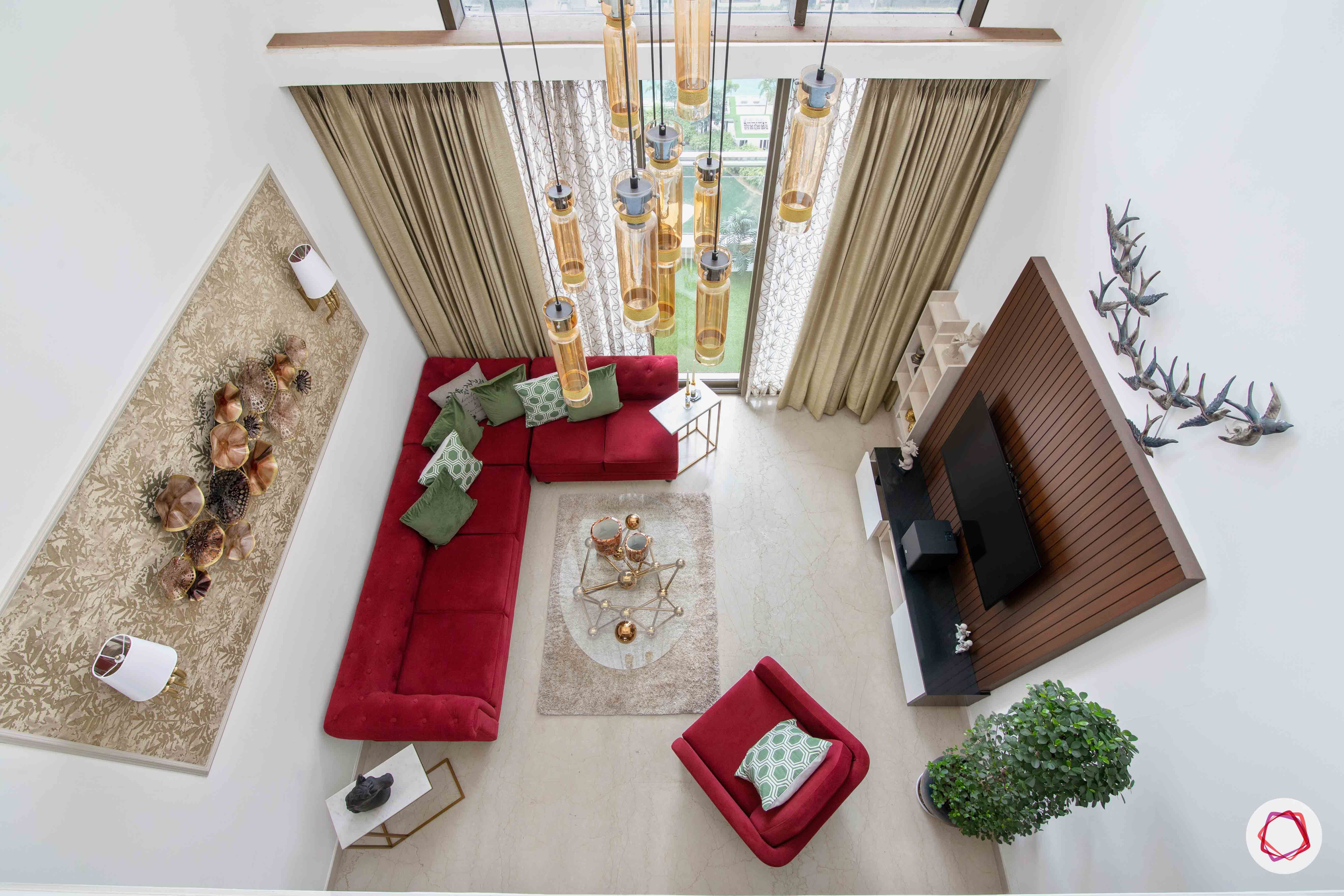 duplex house images-duplex house designs-red sofa designs-modern chandelier designs