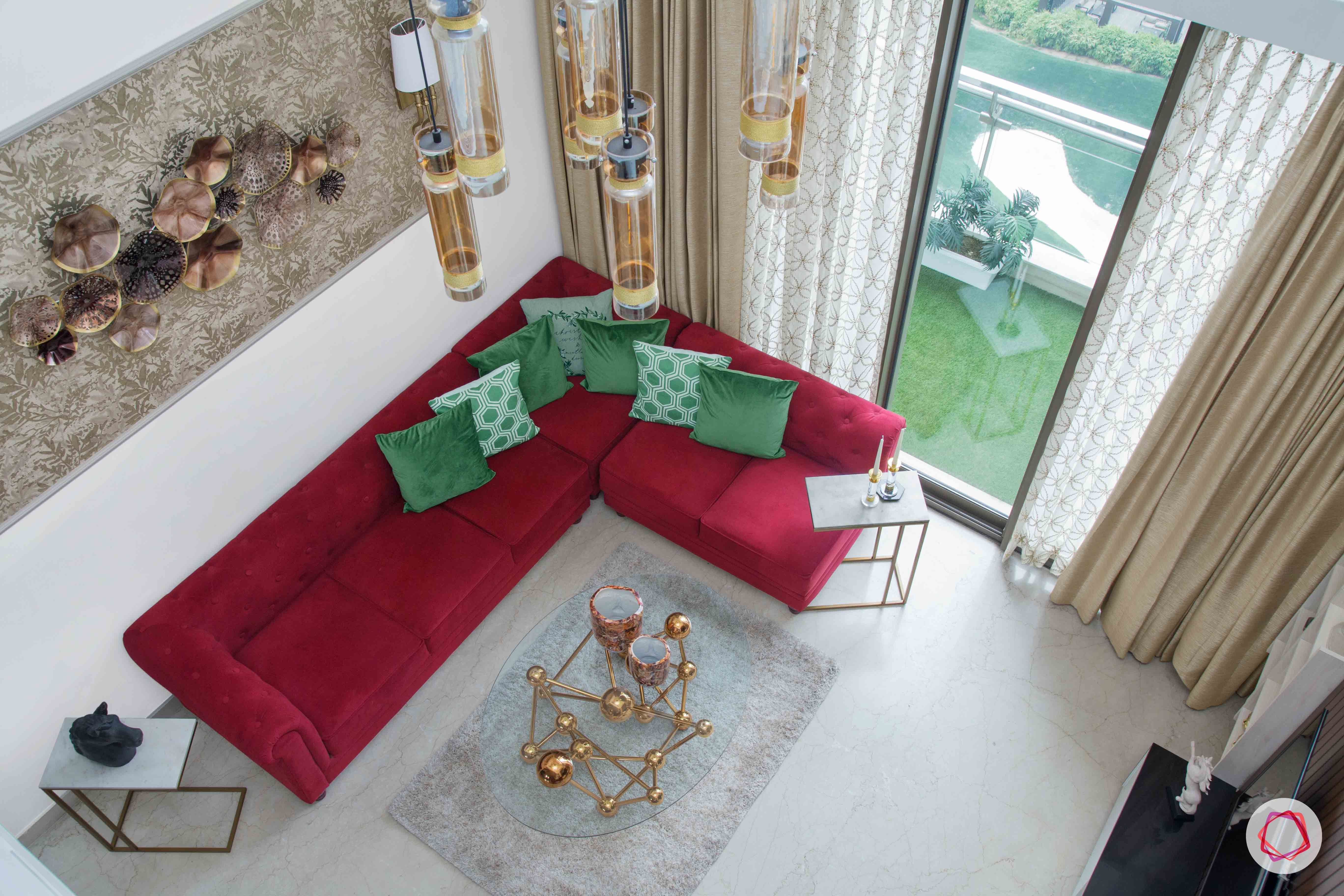 duplex house images-duplex house designs-red sofa designs-marble flooring ideas