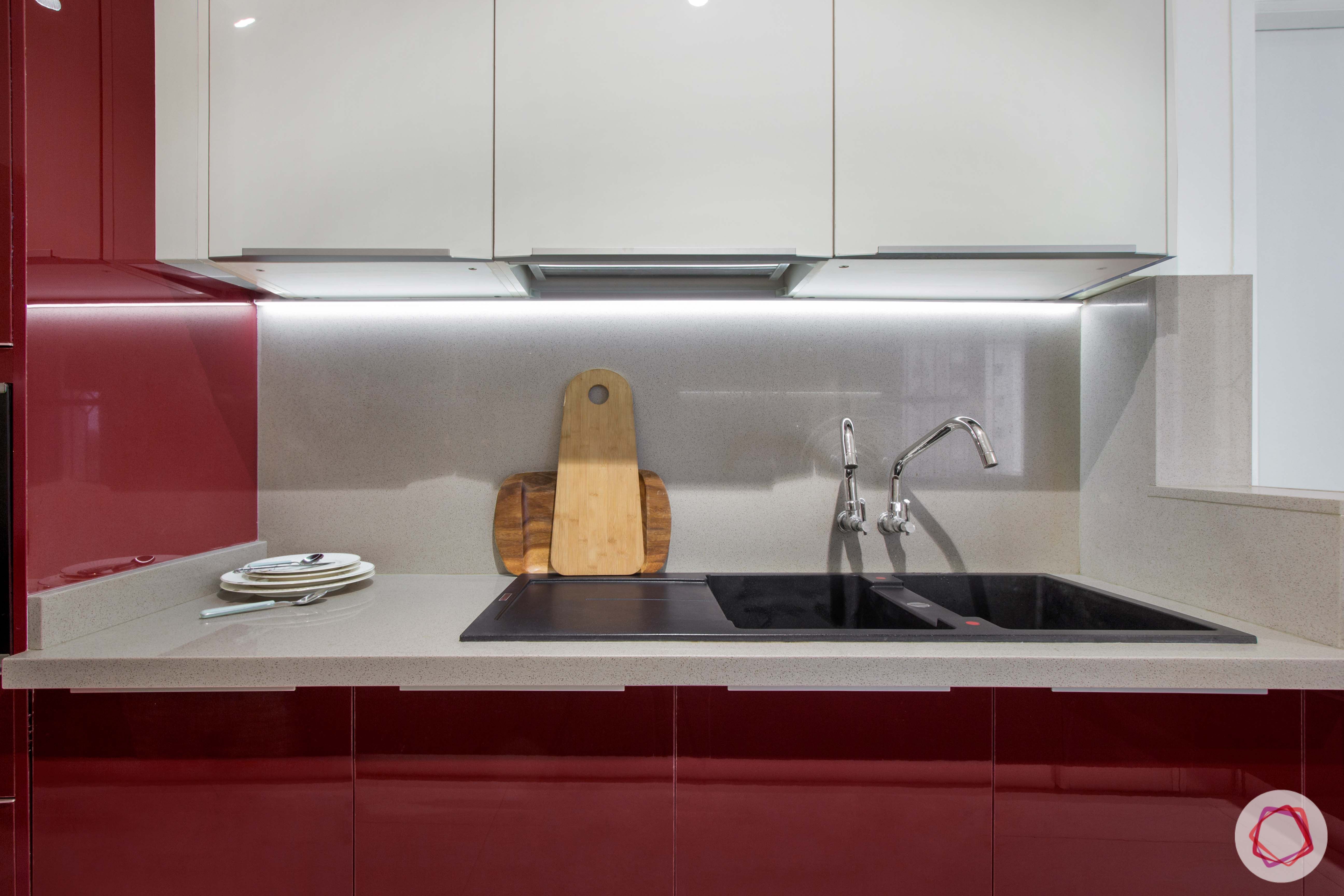 Brigade Millennium-Red-White-Kitchen-upper-lower-cabinets-sink-light