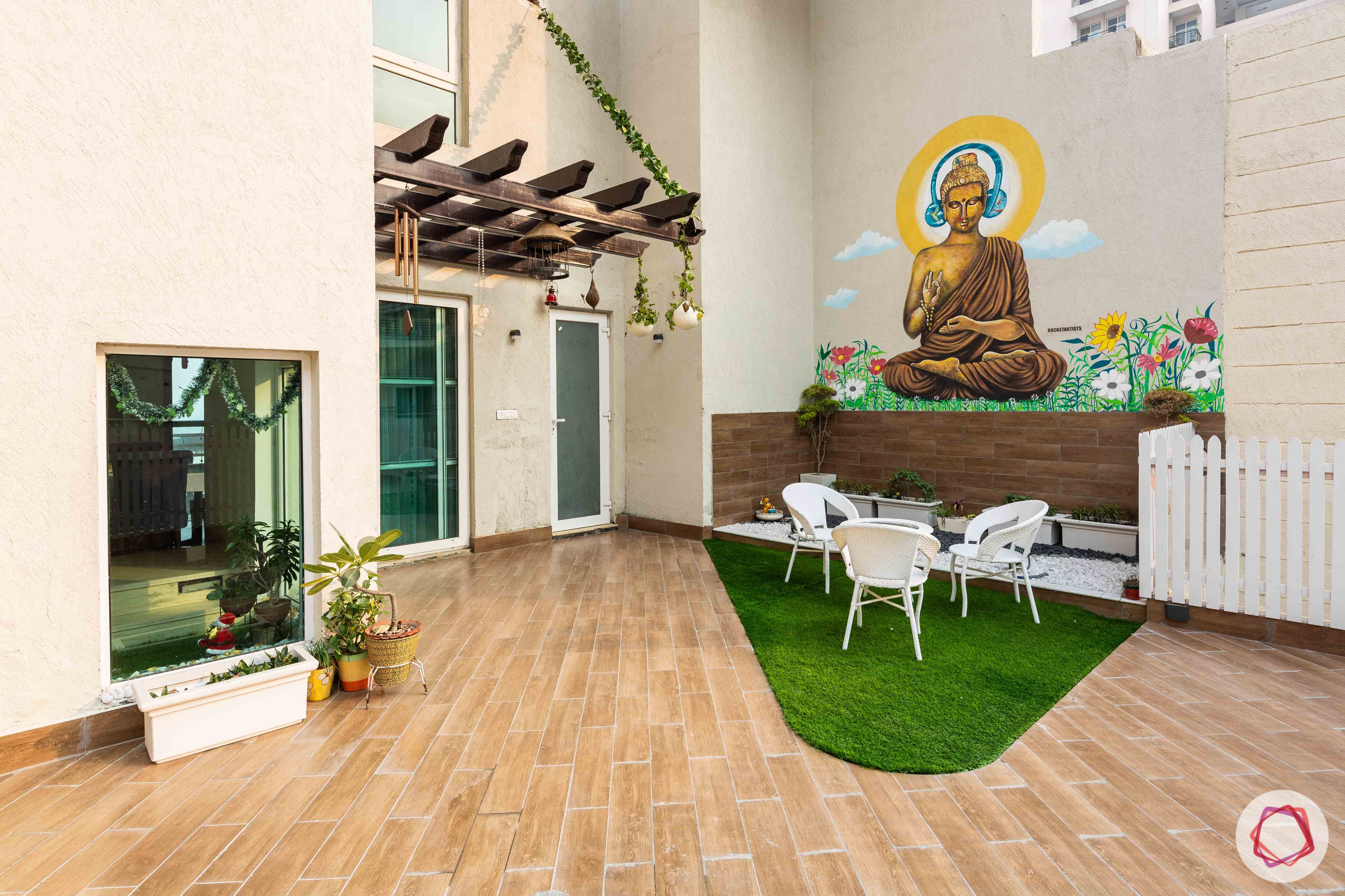 deck area-meditation zone-seating area-artificial turf-grass carpet