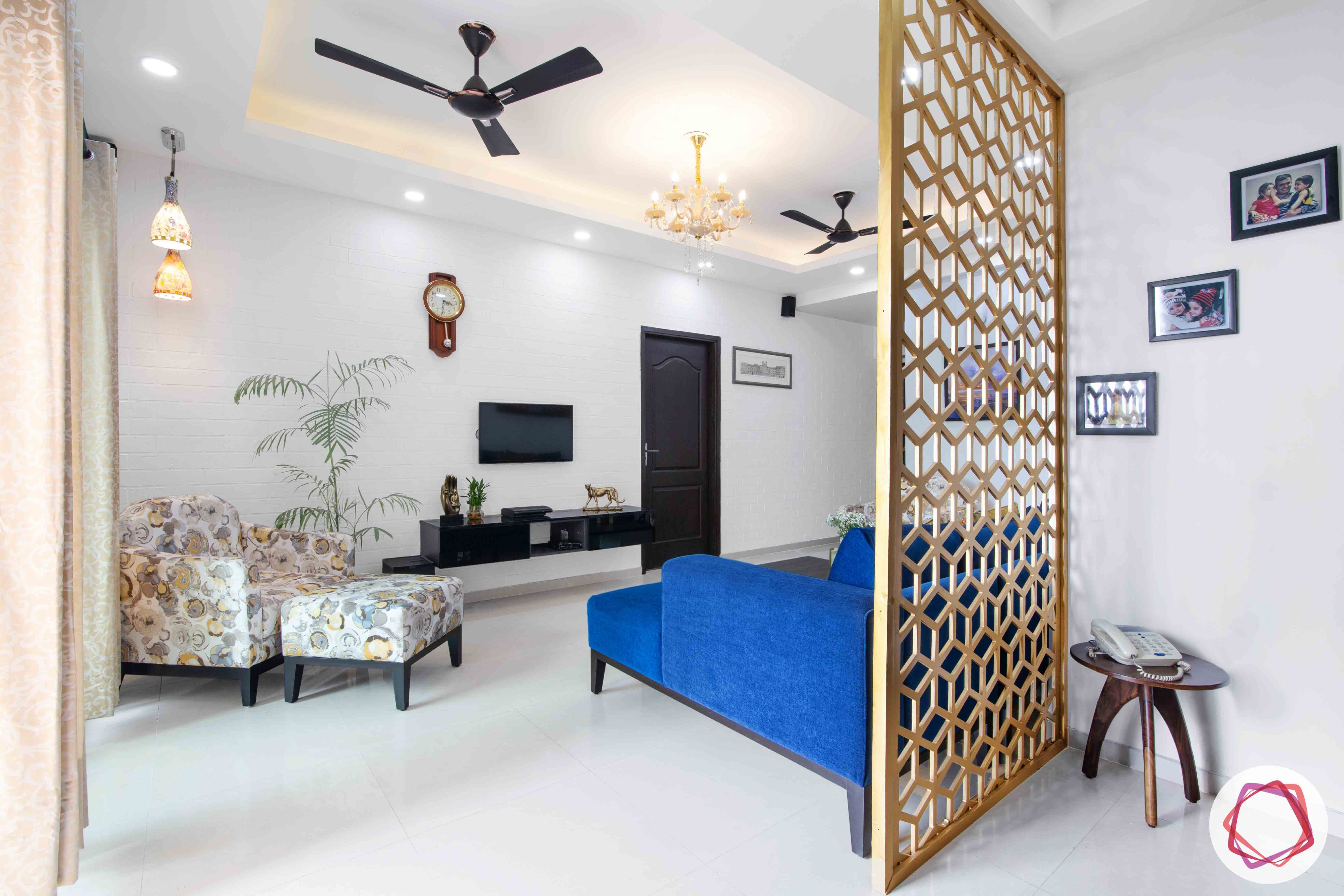 3bhk flat interior design-jaali partition designs-white ottoman designs