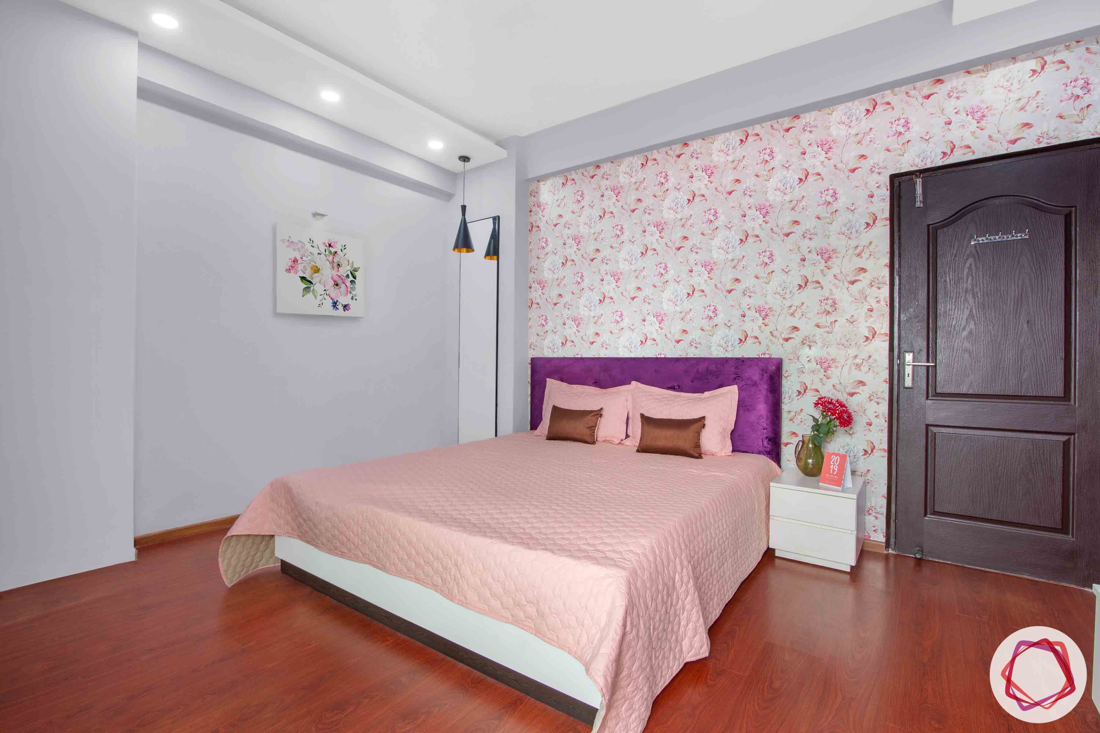 3bhk flat interior design-floral wallpaper designs-purple headboard designs