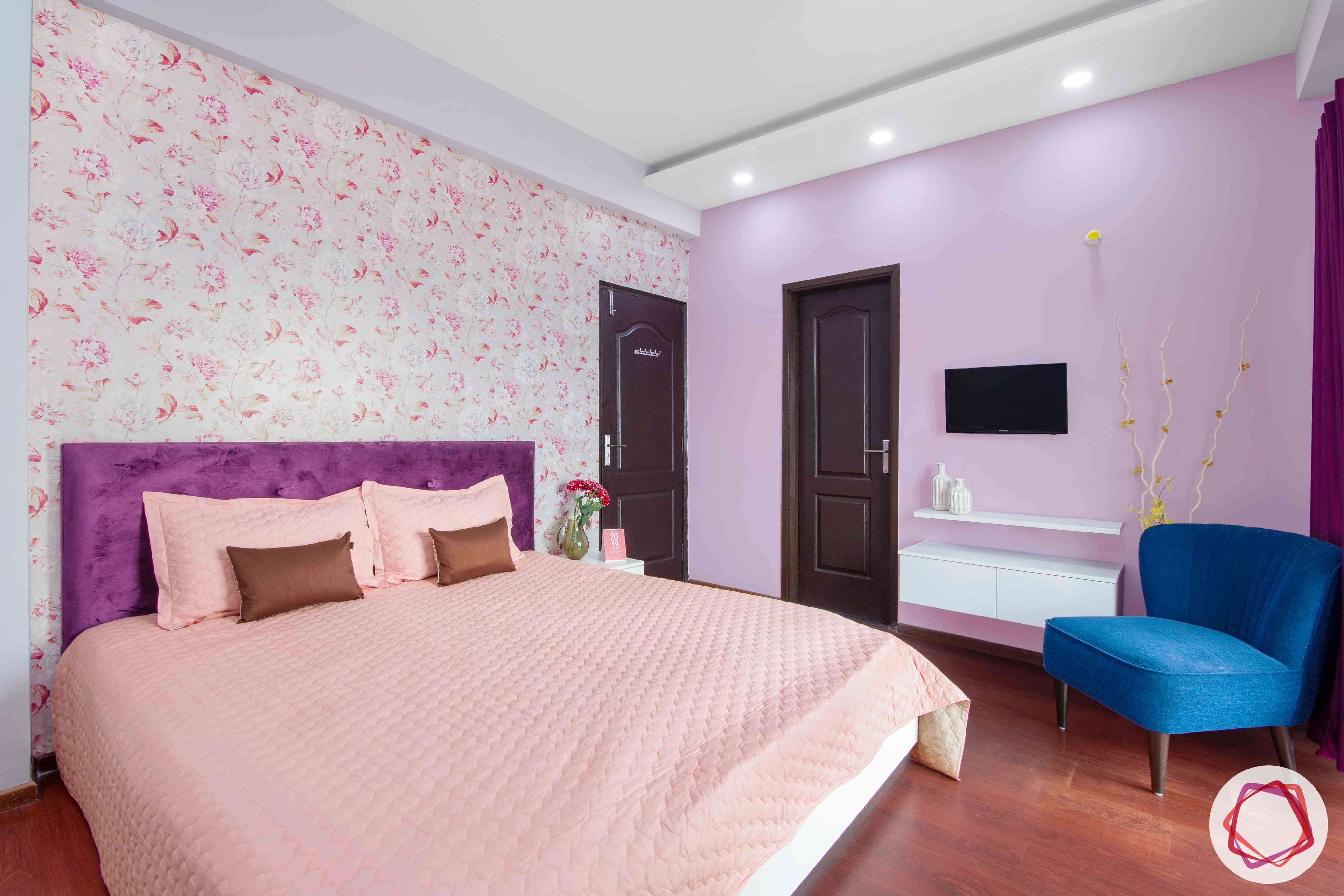 3bhk flat interior design-floral wallpaper designs-lilac wall paint-tv unit for bedroom