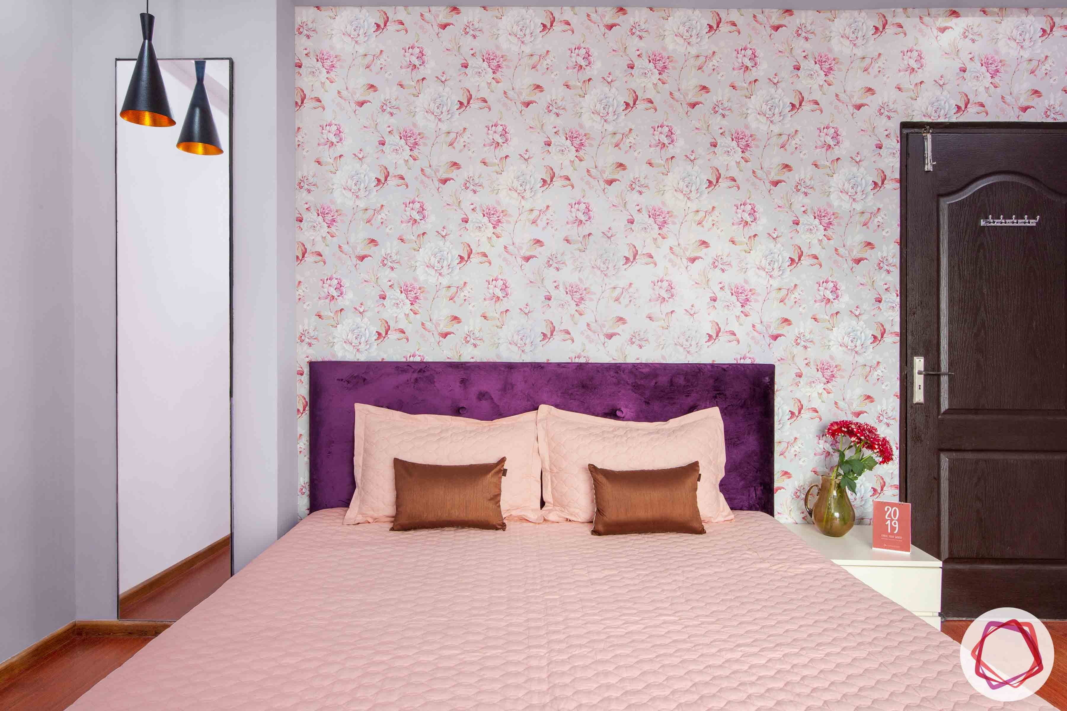 3bhk flat interior design-floral wallpaper designs-purple headboard designs-dressing mirror designs