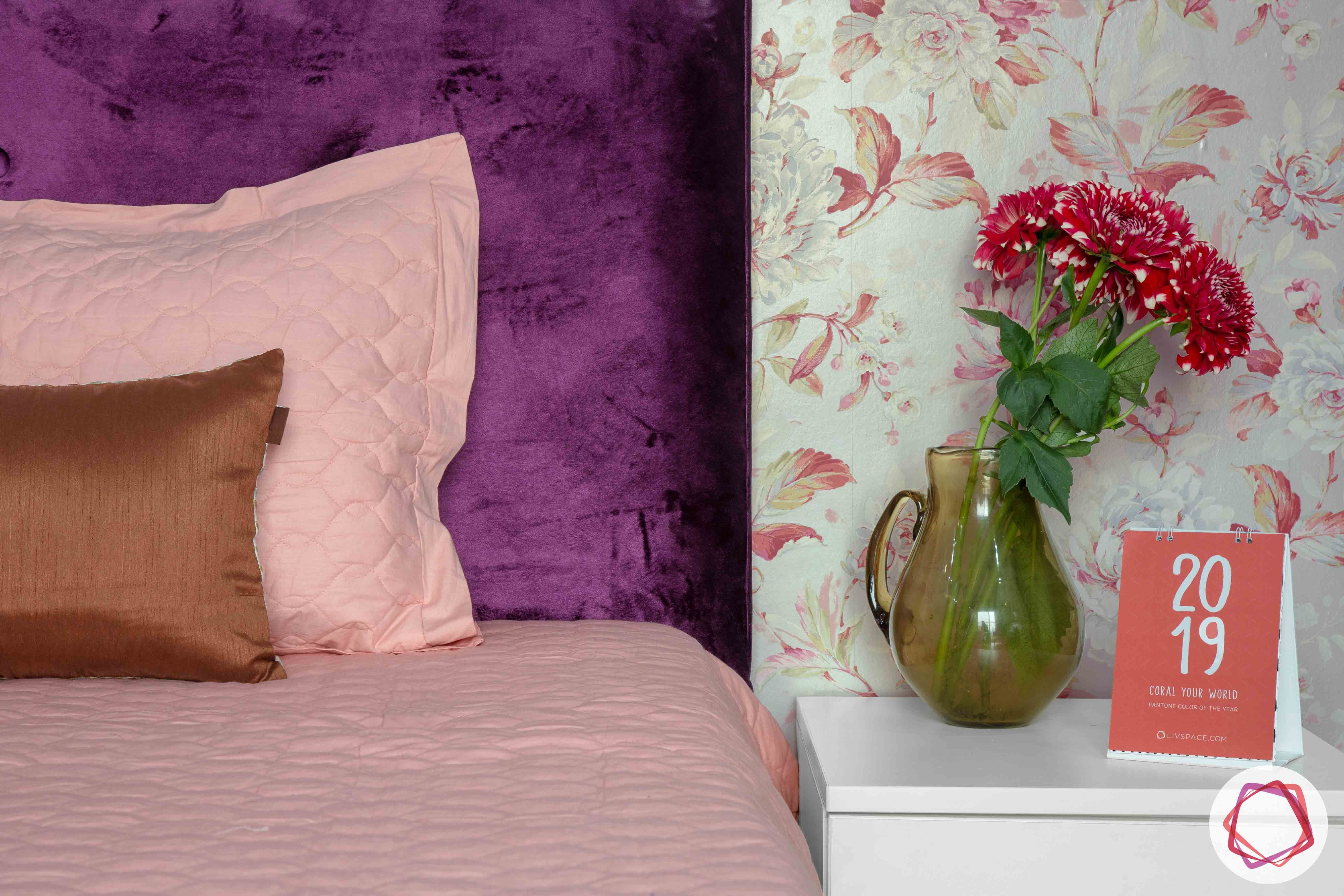 3bhk flat interior design-floral wallpaper designs-purple headboard designs-white side table designs