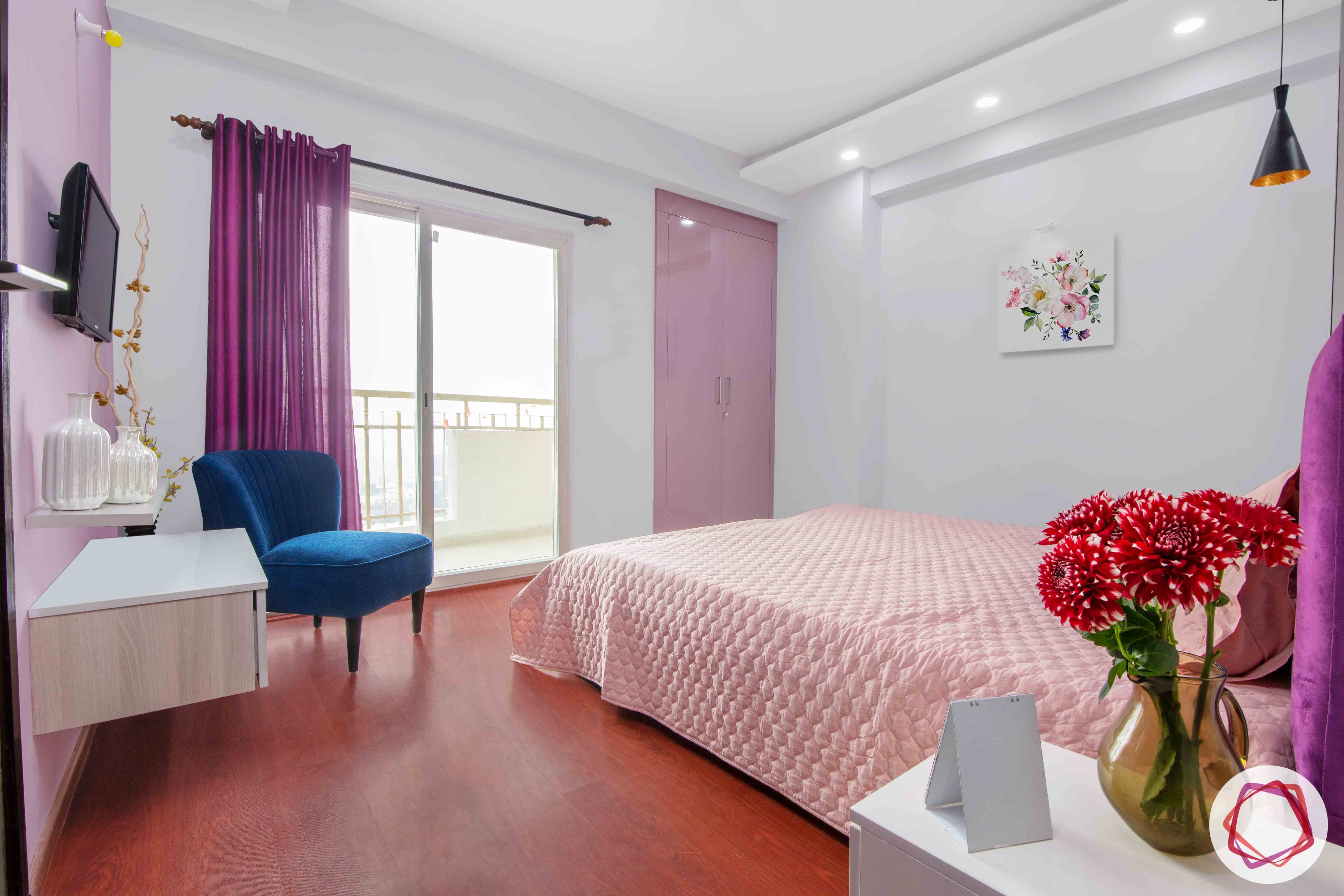3bhk flat interior design-pink wardrobe designs-purple drape designs