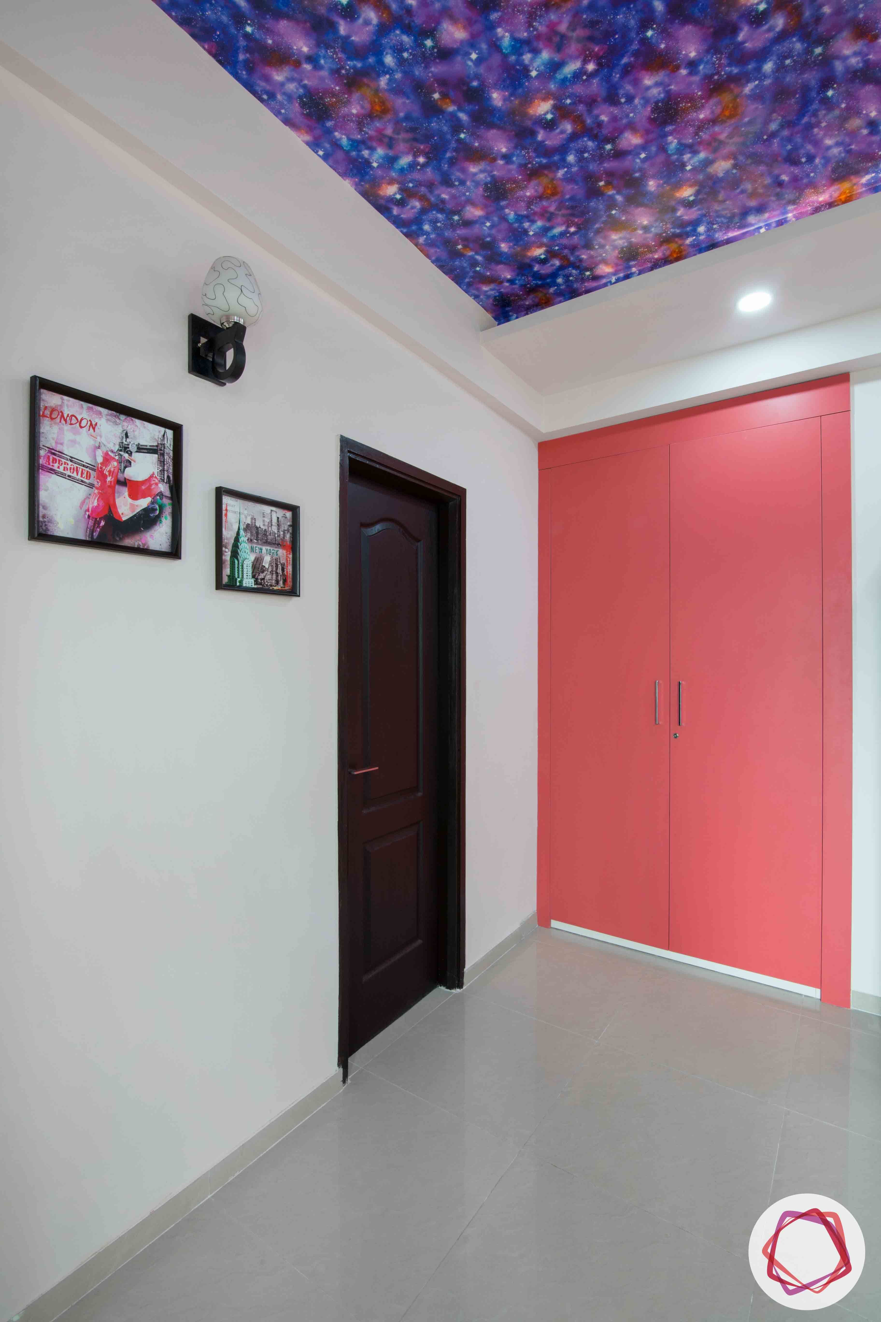 3bhk flat interior design-ceiling for kids room-pink wardrobe designs
