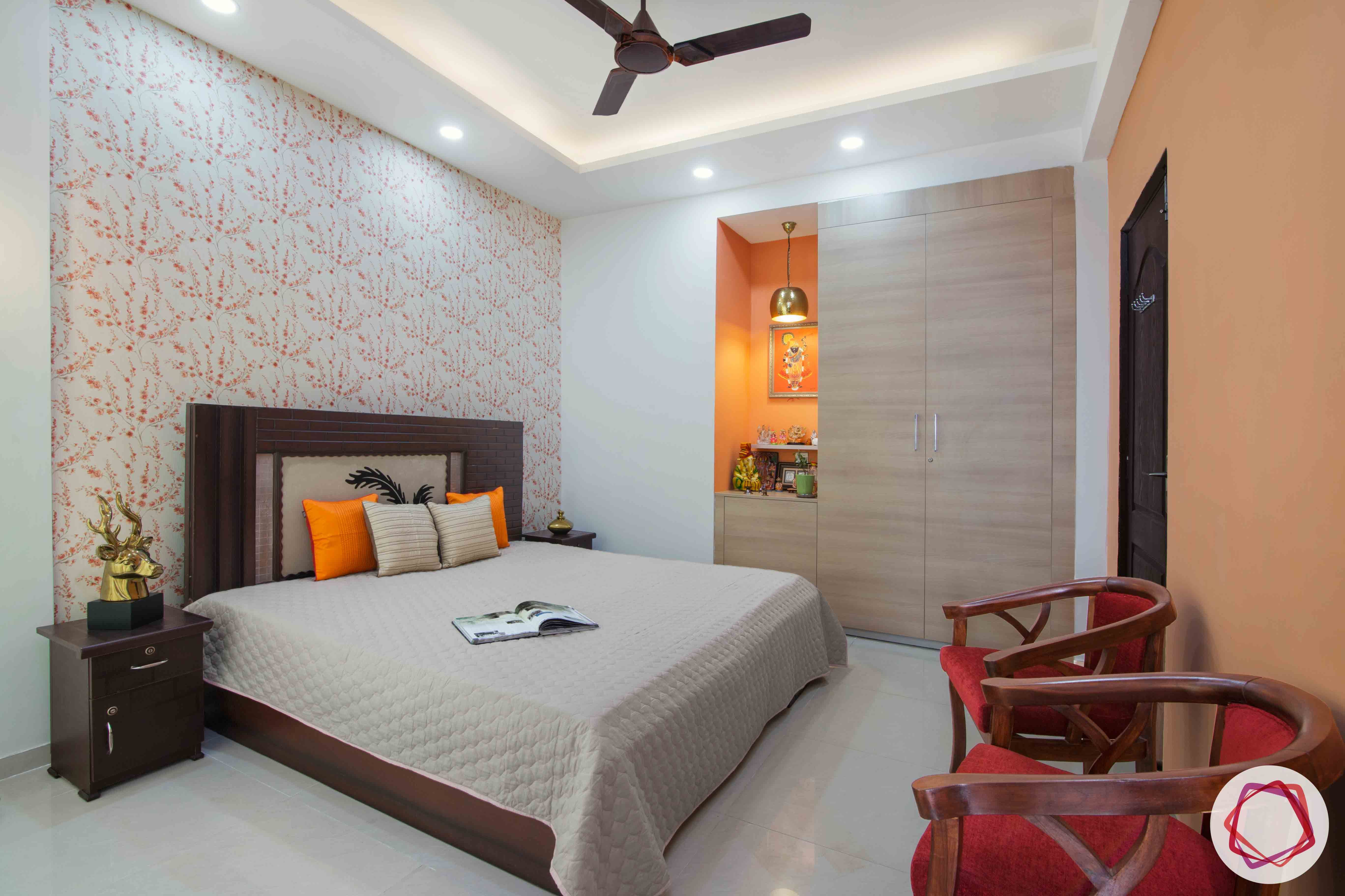 3bhk flat interior design-floral wallpaper designs-orange accent wall
