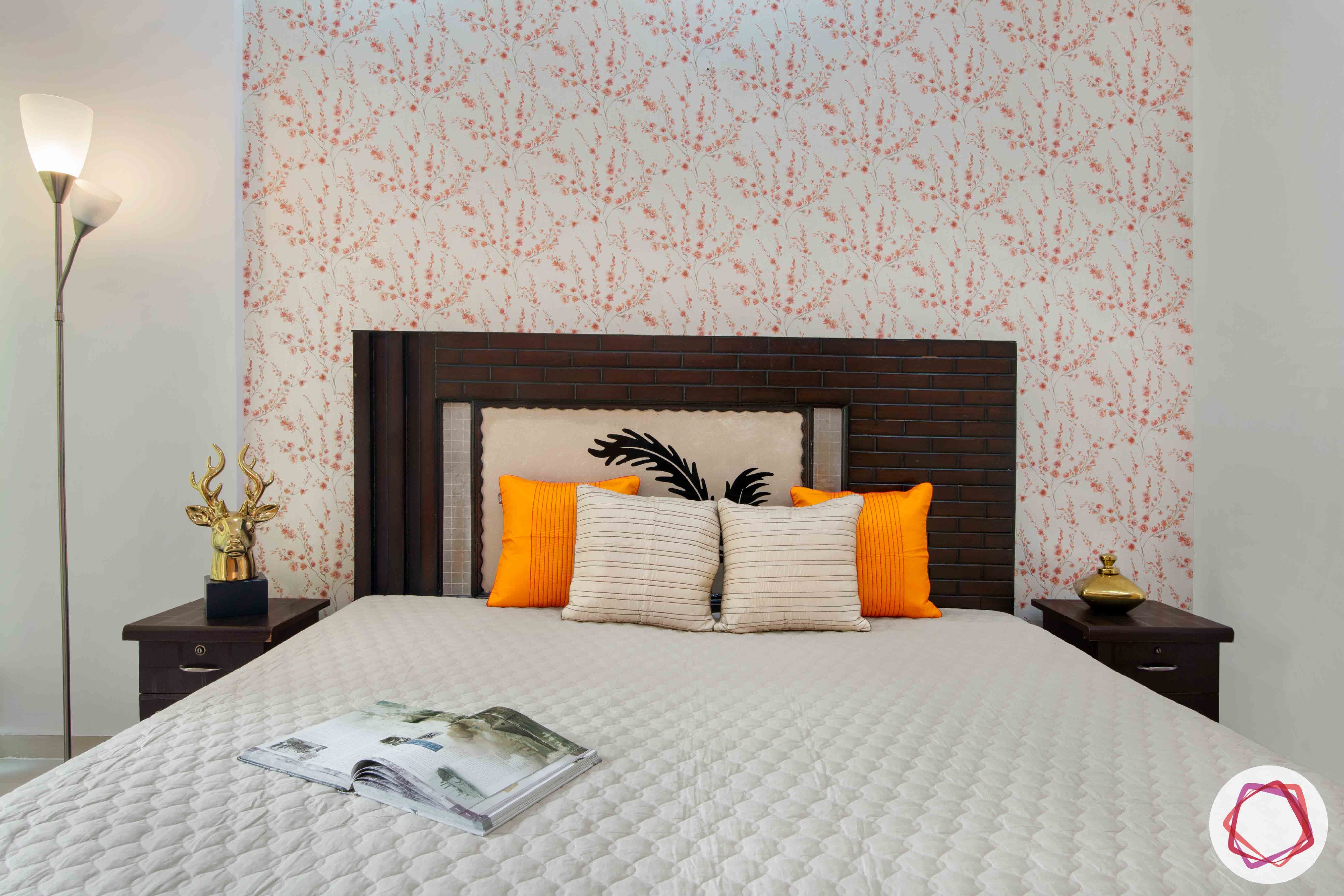 3bhk flat interior design-floral wallpaper designs-wooden headboard designs