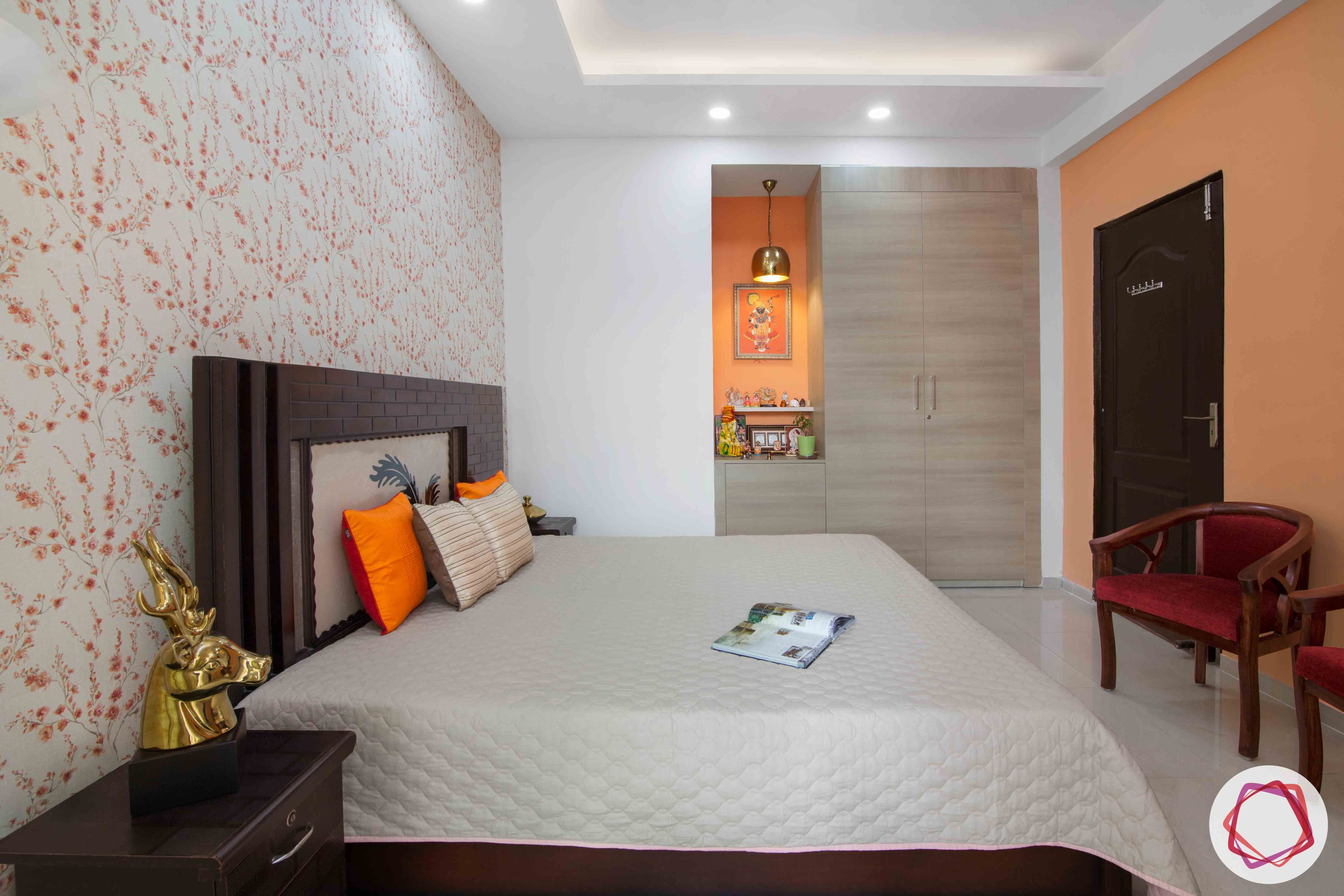 3bhk flat interior design-floral wallpaper designs-pooja unit designs