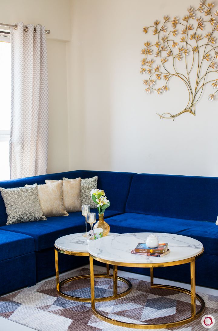 akshar elementa-l-shaped sofa-blue sofa-marble top centre table