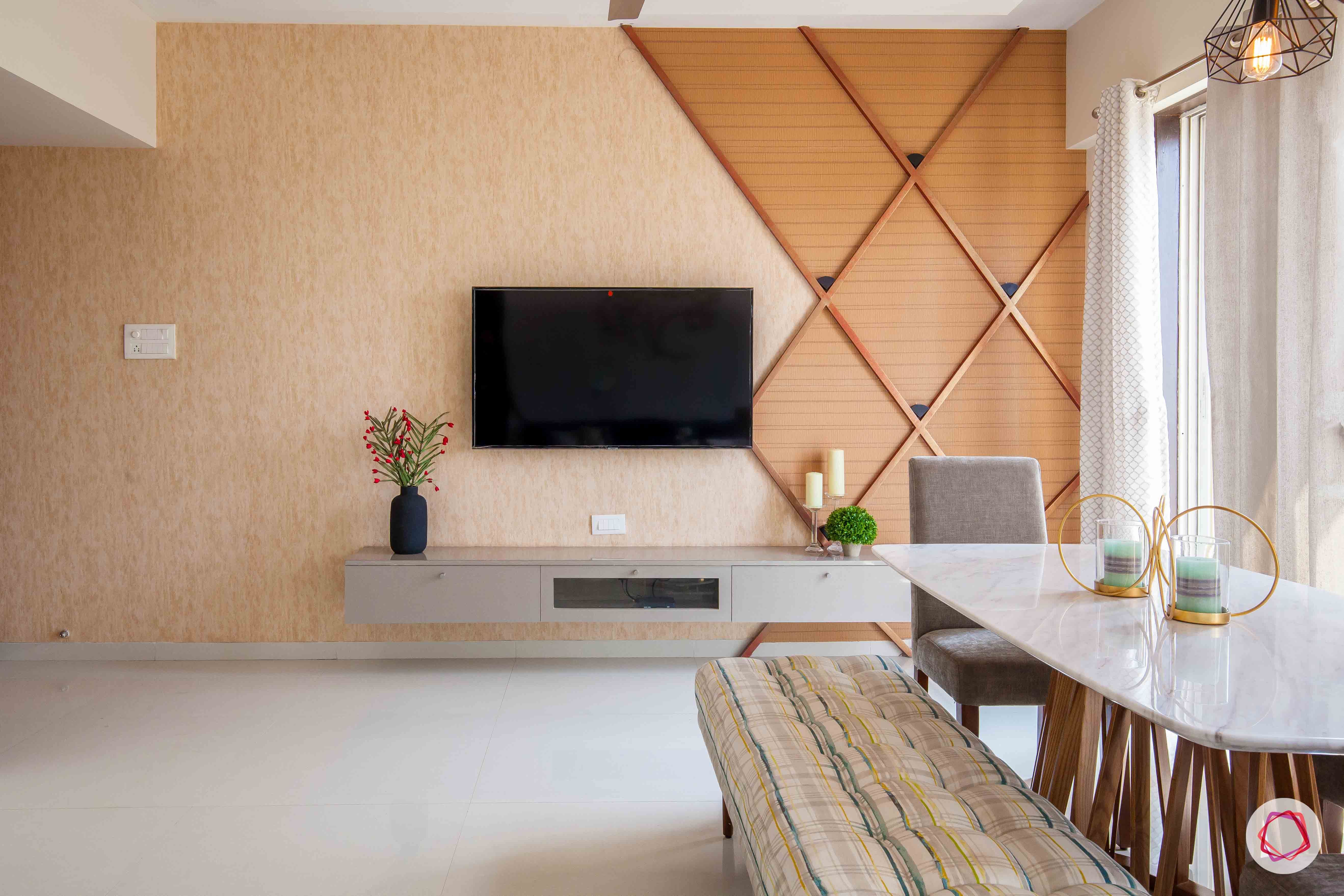 akshar elementa-tv unit-accent wall-wooden wallpaper-wooden panels