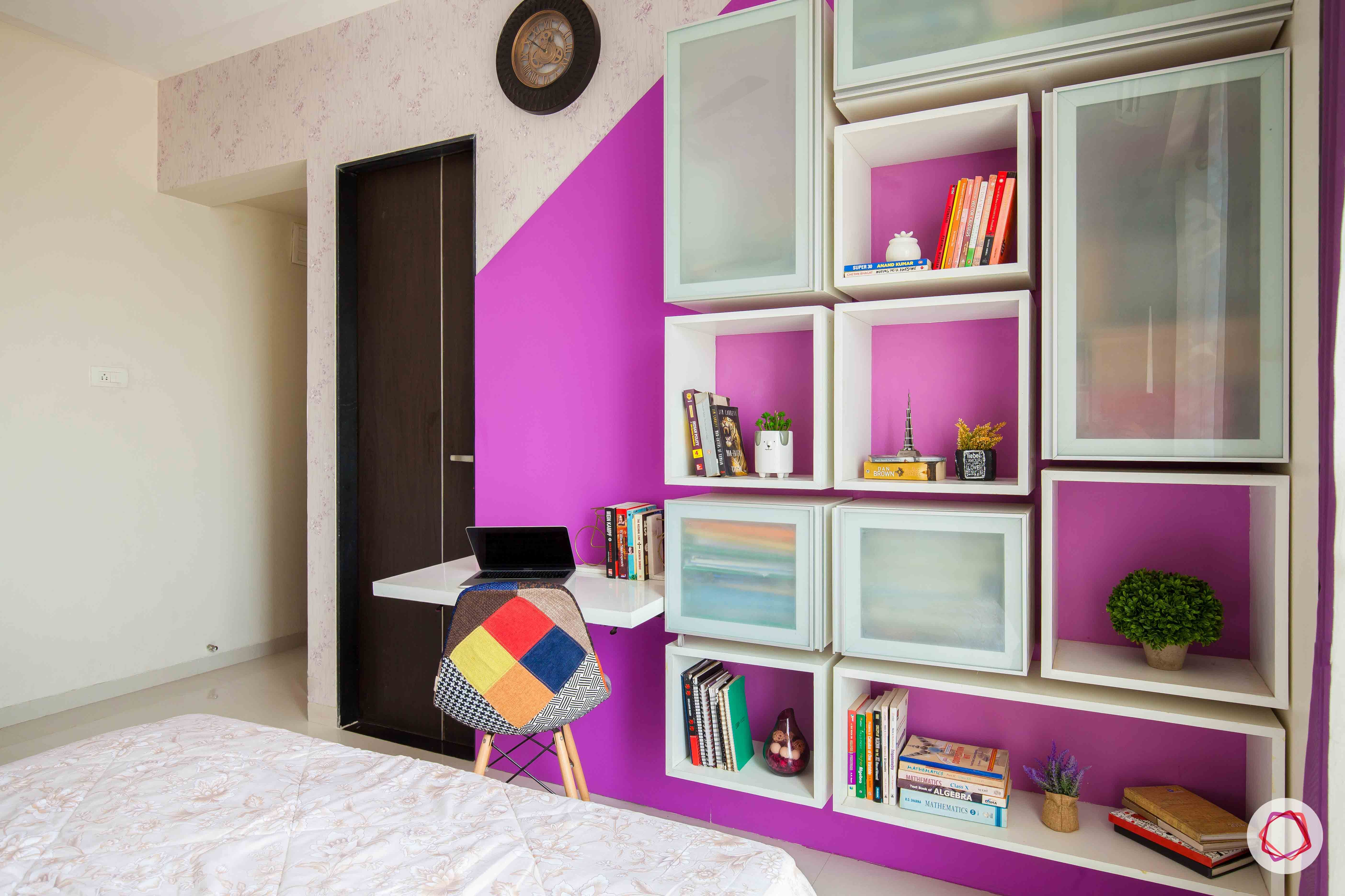 akshar elementa-work zone-purple wall paint-shelves-cabinets