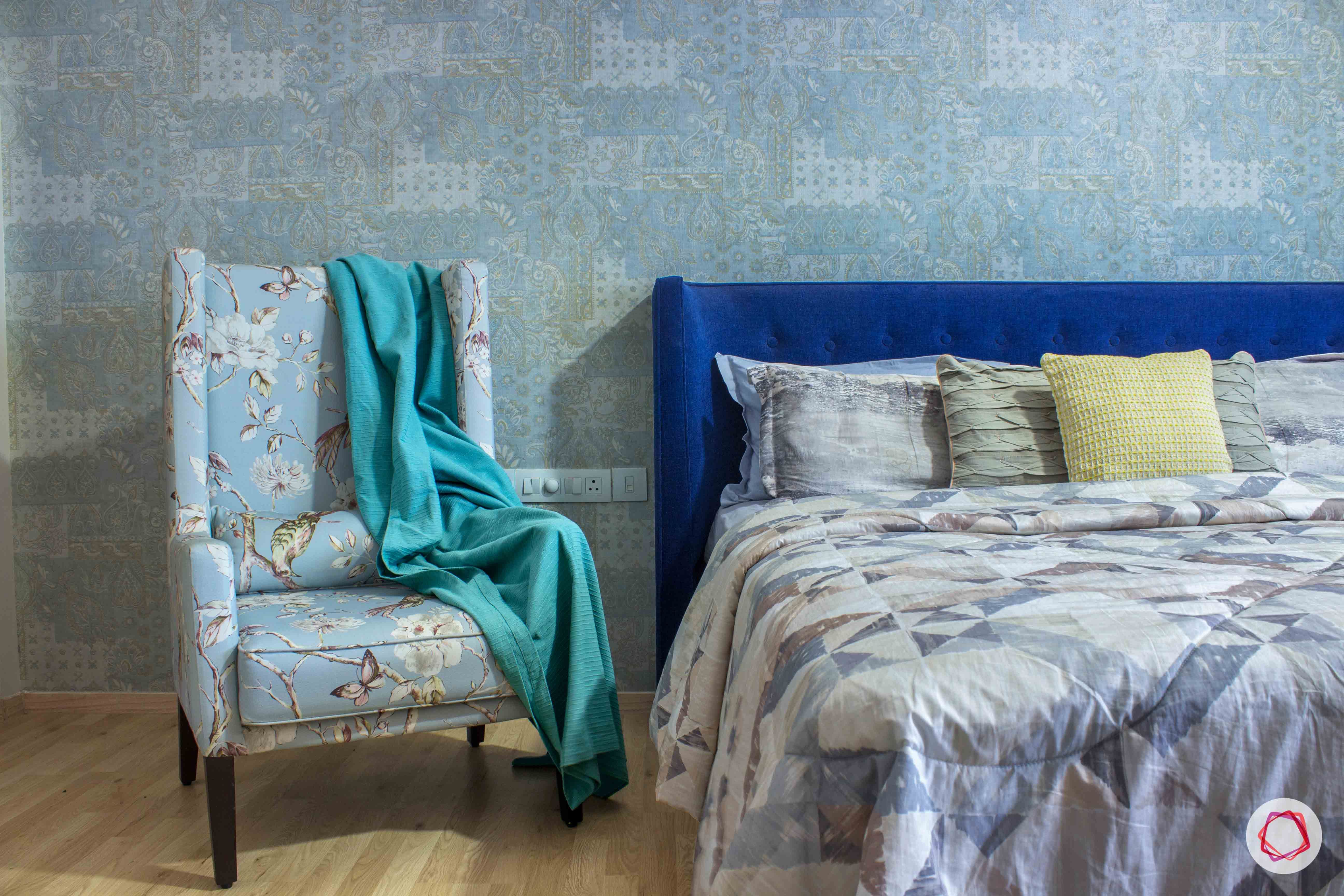 contemporary-house-design-blue-armchair-headboard-wallpaper-bed