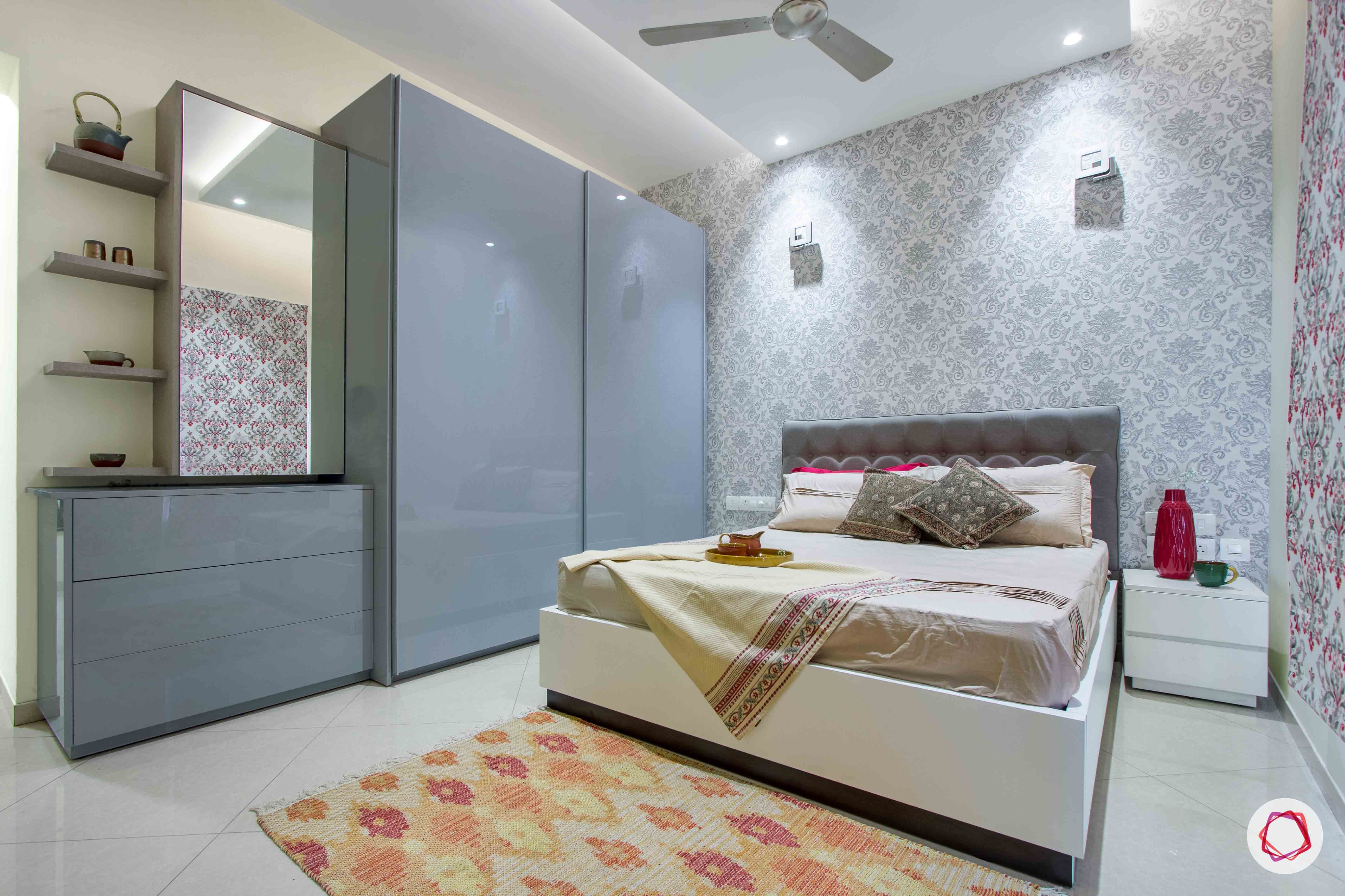 bedroom-printed-wallpaper-rug-wardrobe