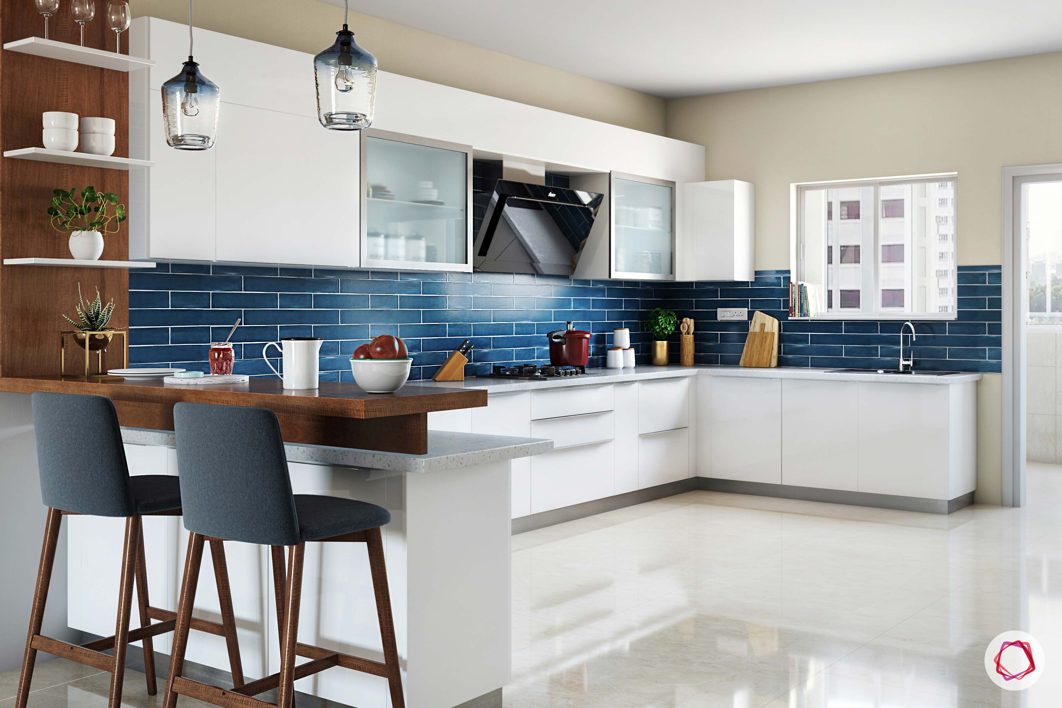 calming colors-navy blue backsplash-white kitchen designs