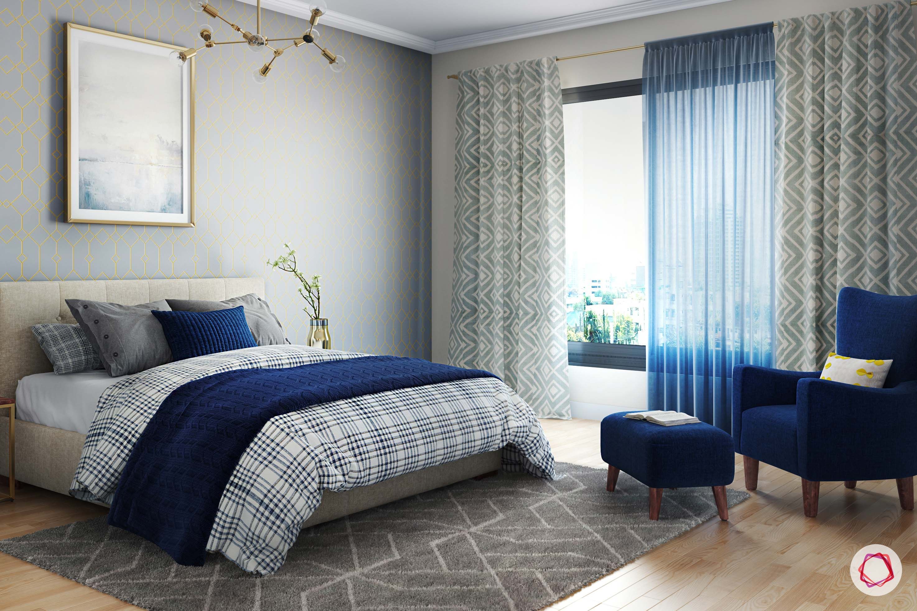 calming colors-navy blue cushions-blue ottoman designs