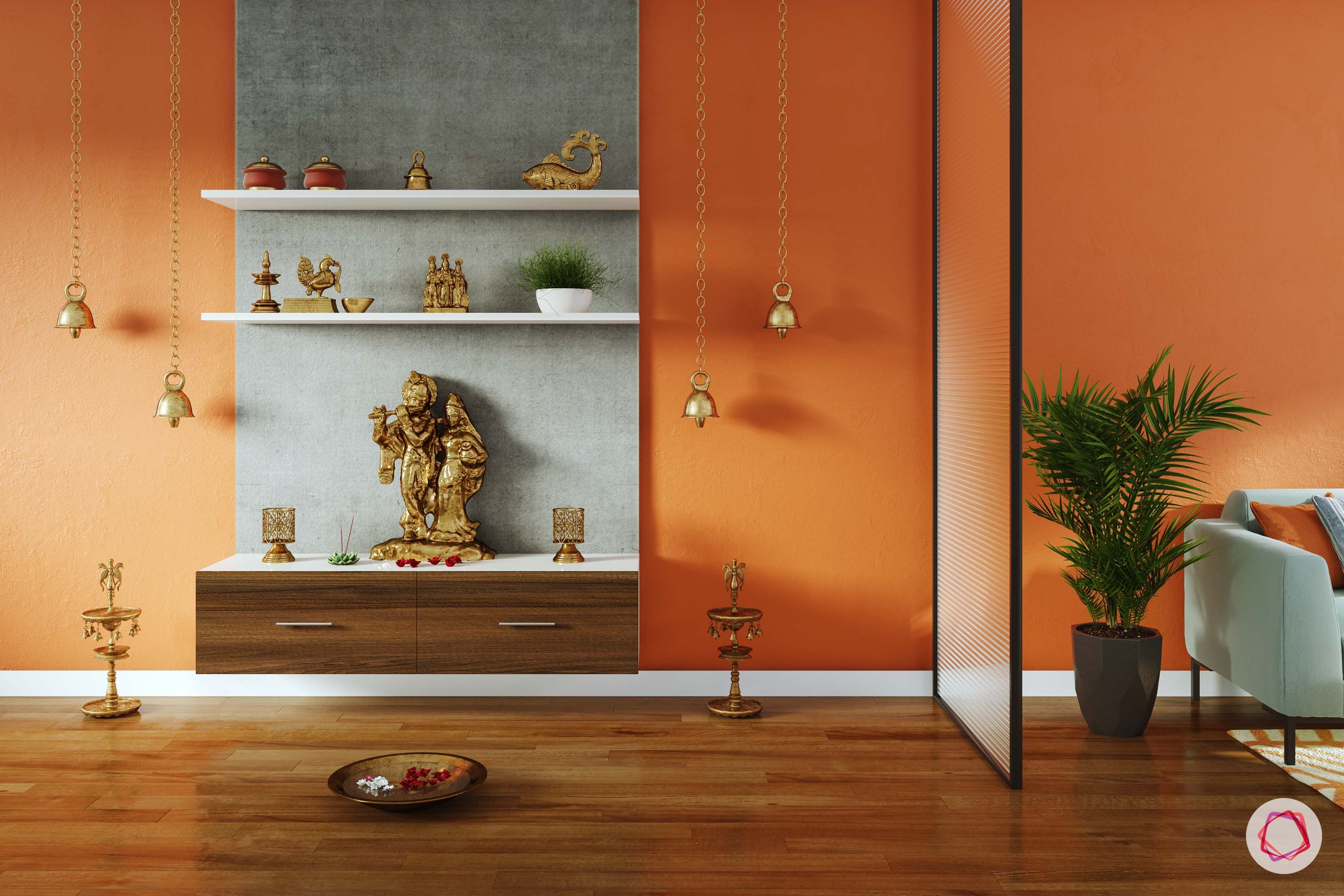 simple pooja mandir designs for walls_glass screen_divider_pooja unit in living room_orange walls_display shelves