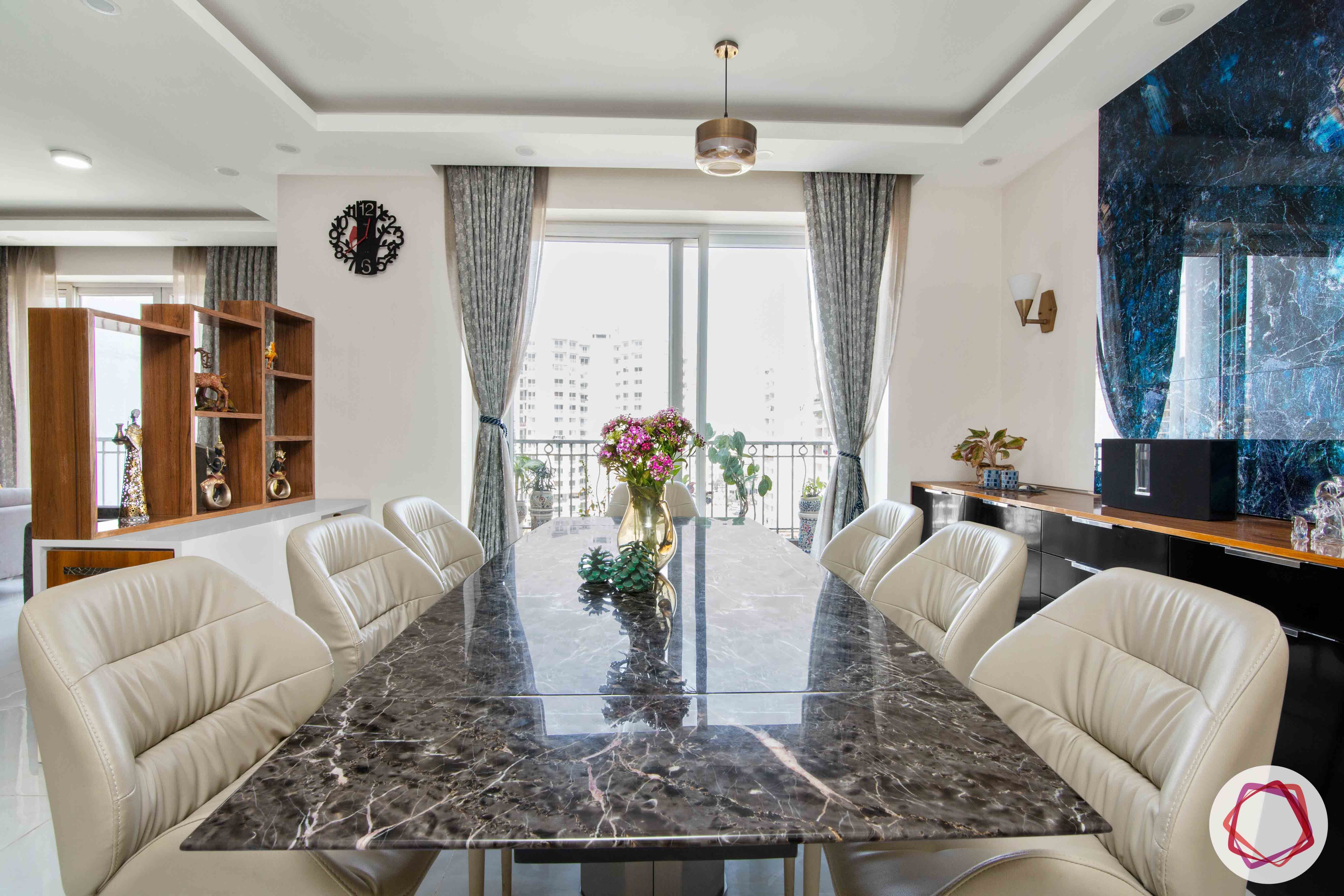Shipra Srishti-dining-table-chairs-curtain-stone-tile-work