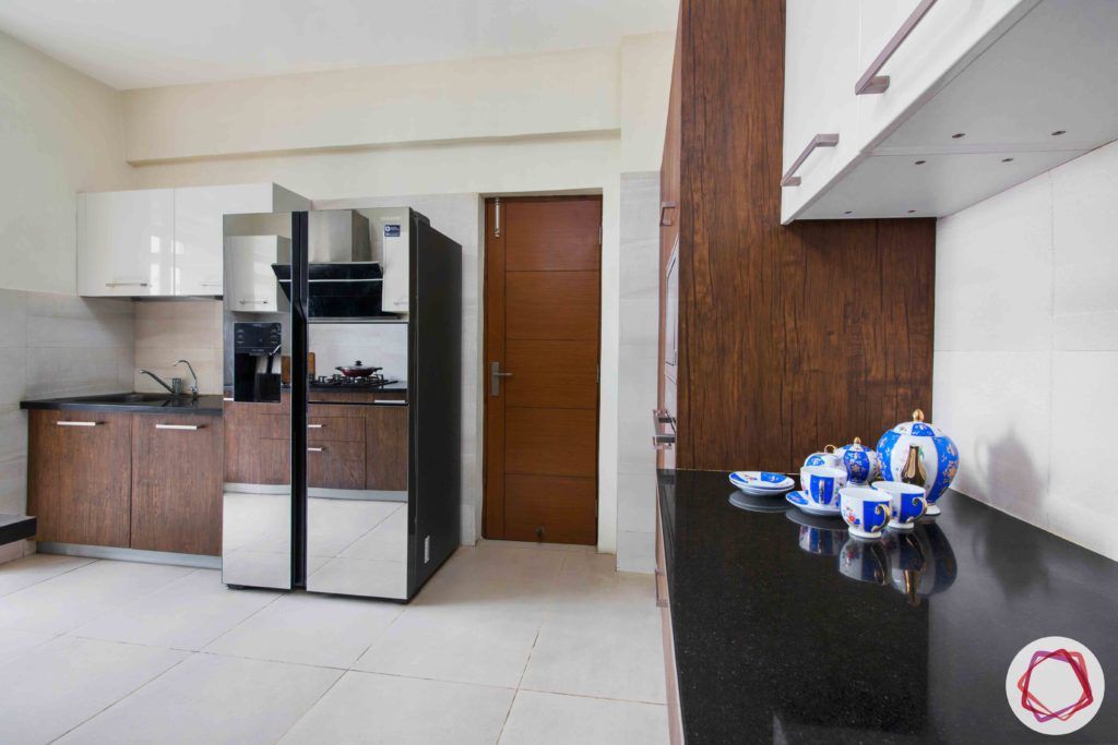 kitchen-white-brown-membrane-PU-cabinets-fridge-granite