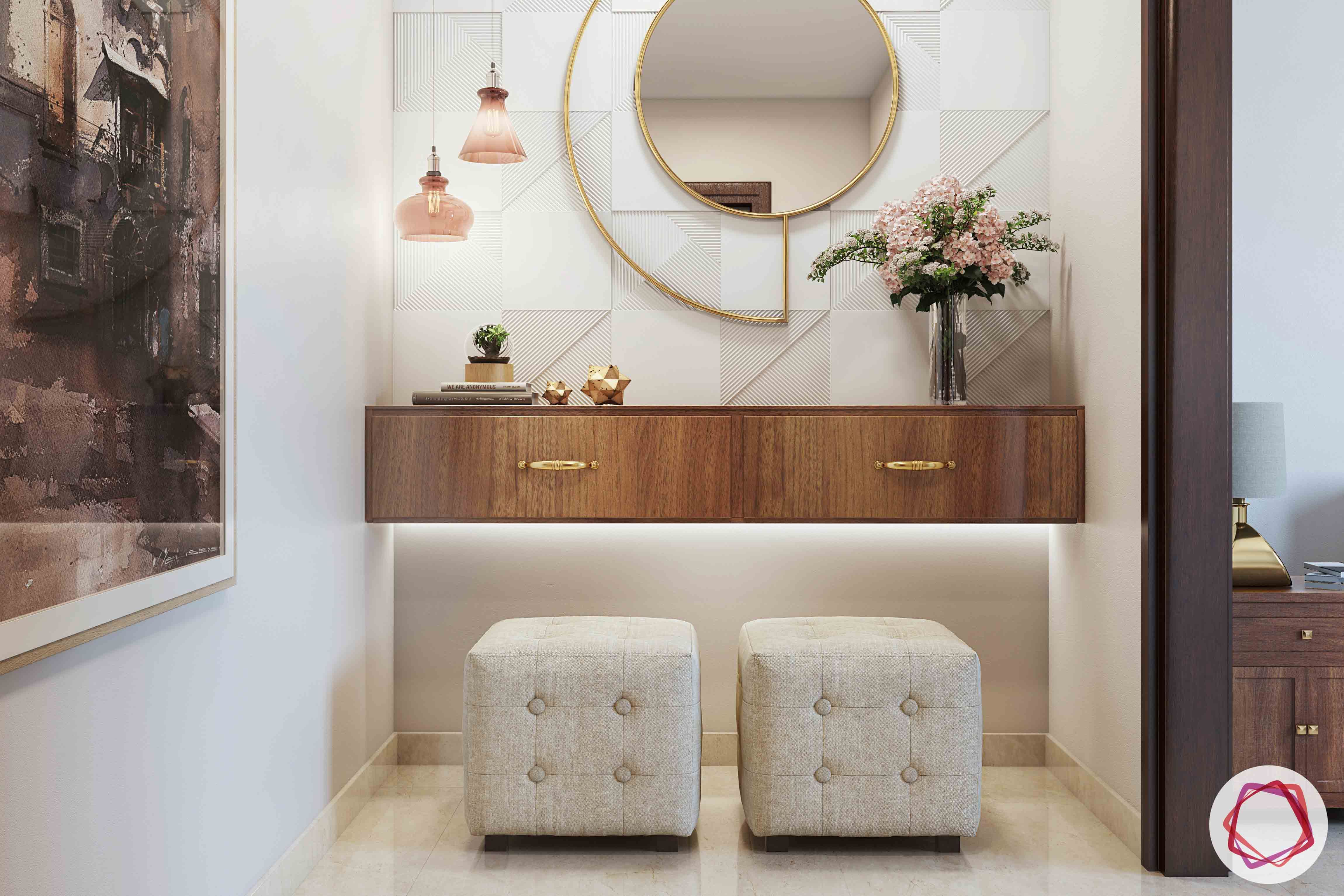 passage design ideas-round mirror design-tufted ottoman designs