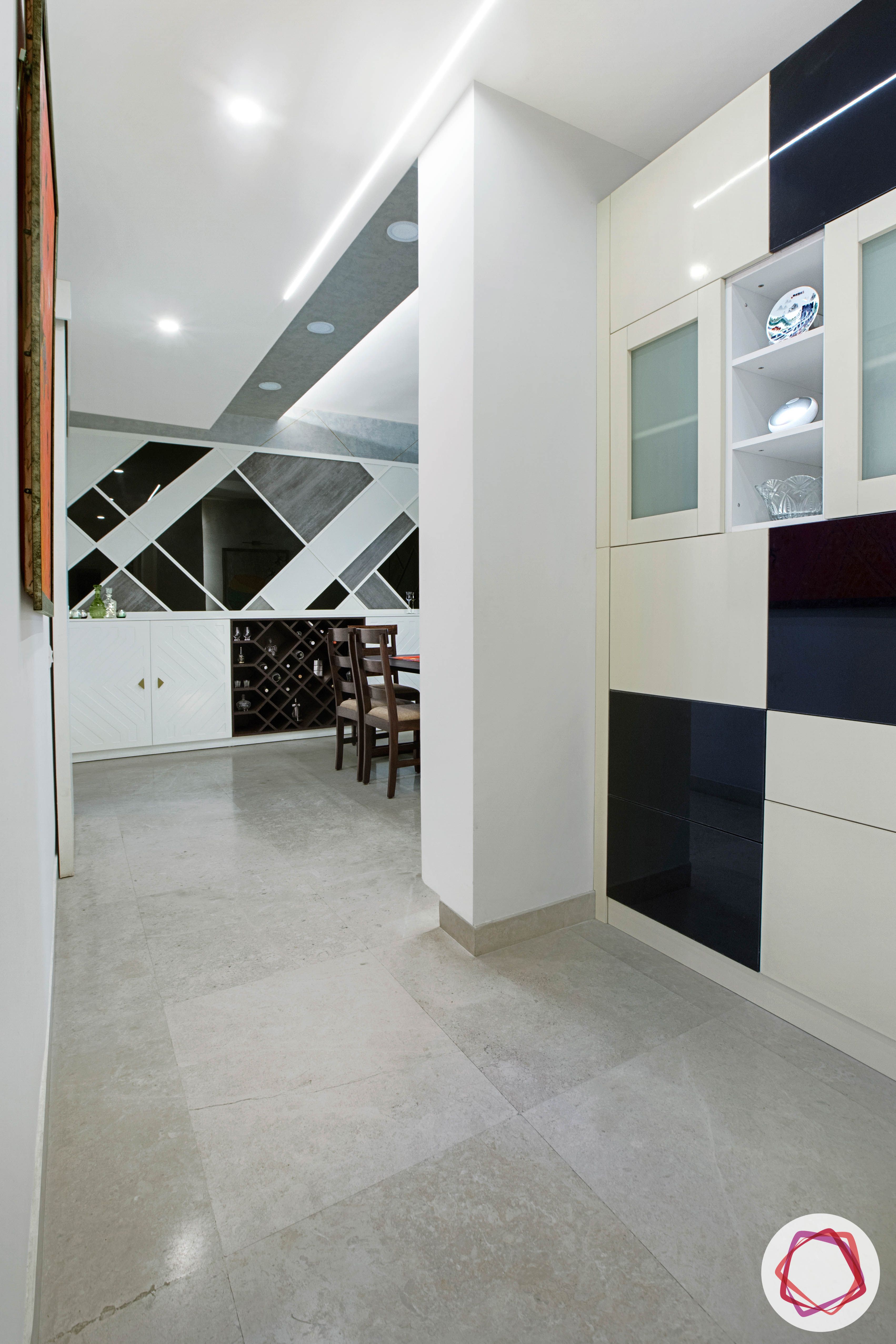 passage design ideas-crockery cabinet designs-black and white wall designs