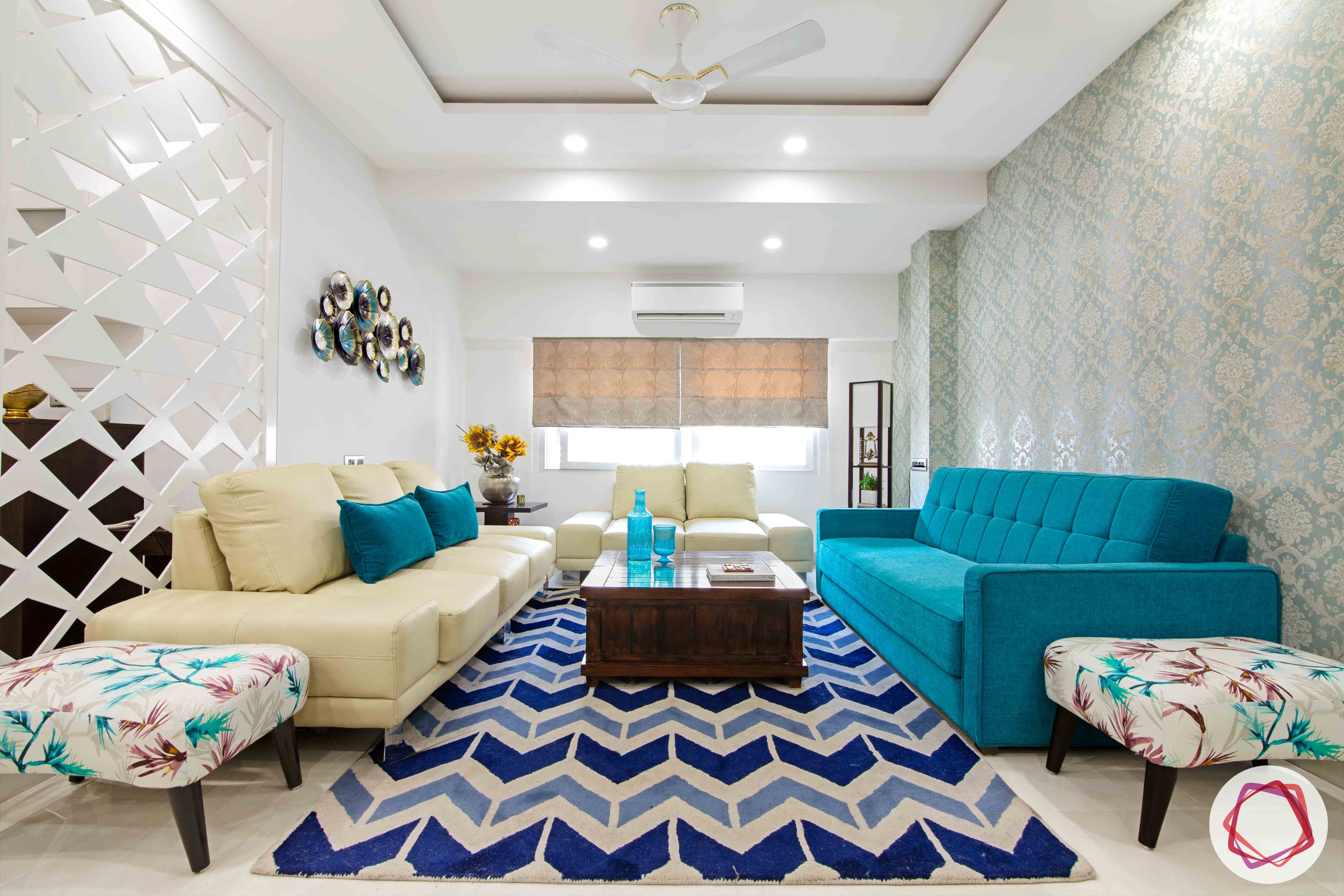 Old House Renovation-living-room-sofas-coffee-table-rug-wallpaper