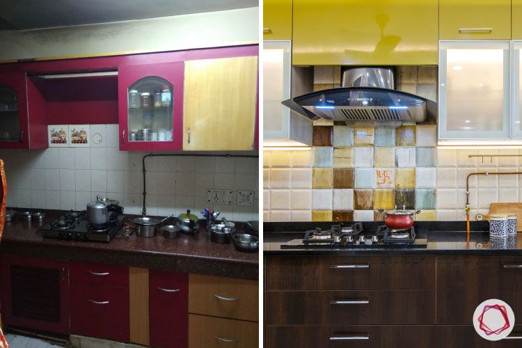 kitchen-before-after-sink-yellow-cabinets-wood-drawers-chimney 