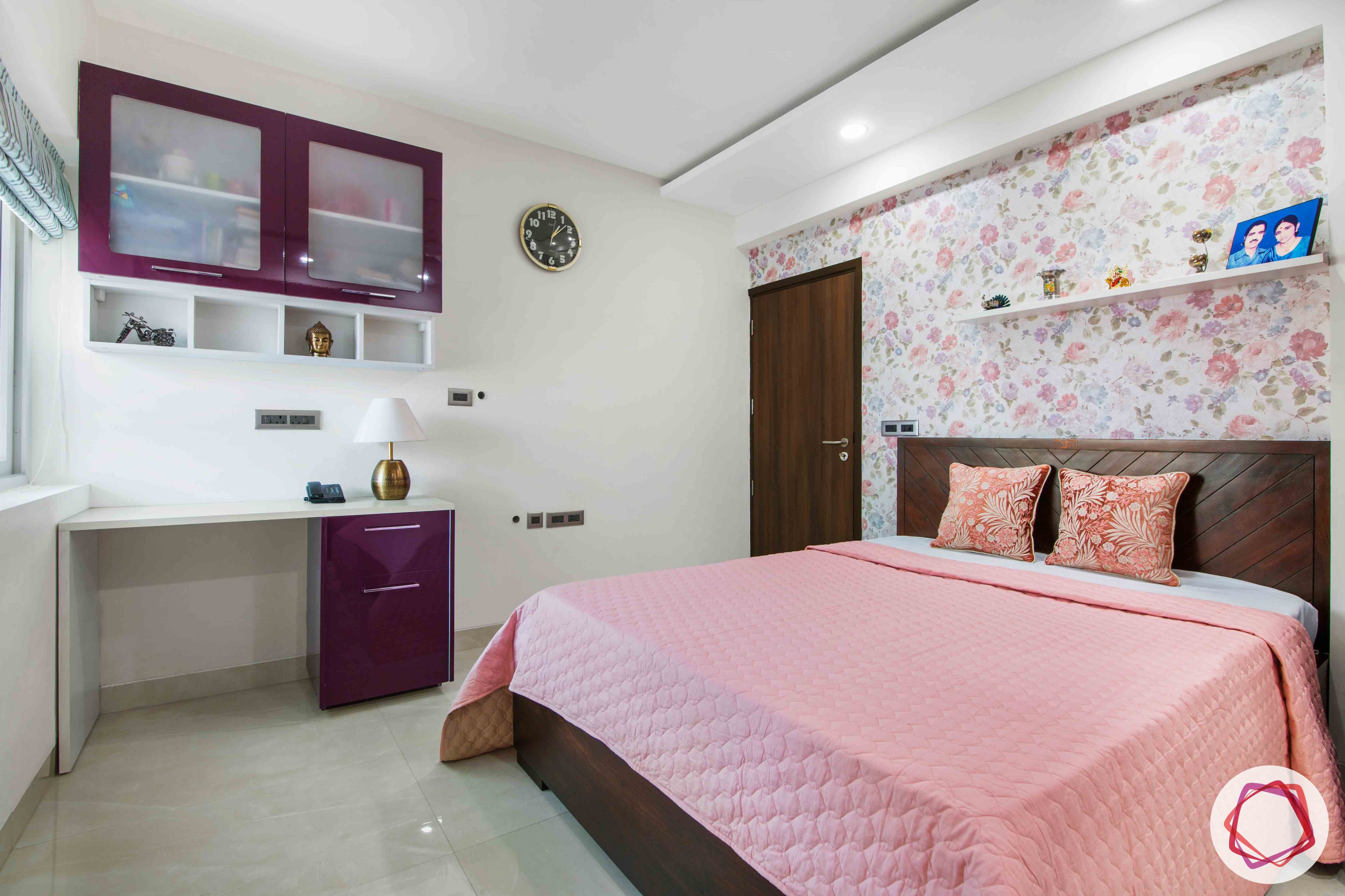 parents-bedroom-purple-study-drawers-bed-shelves-floral-wallpaper