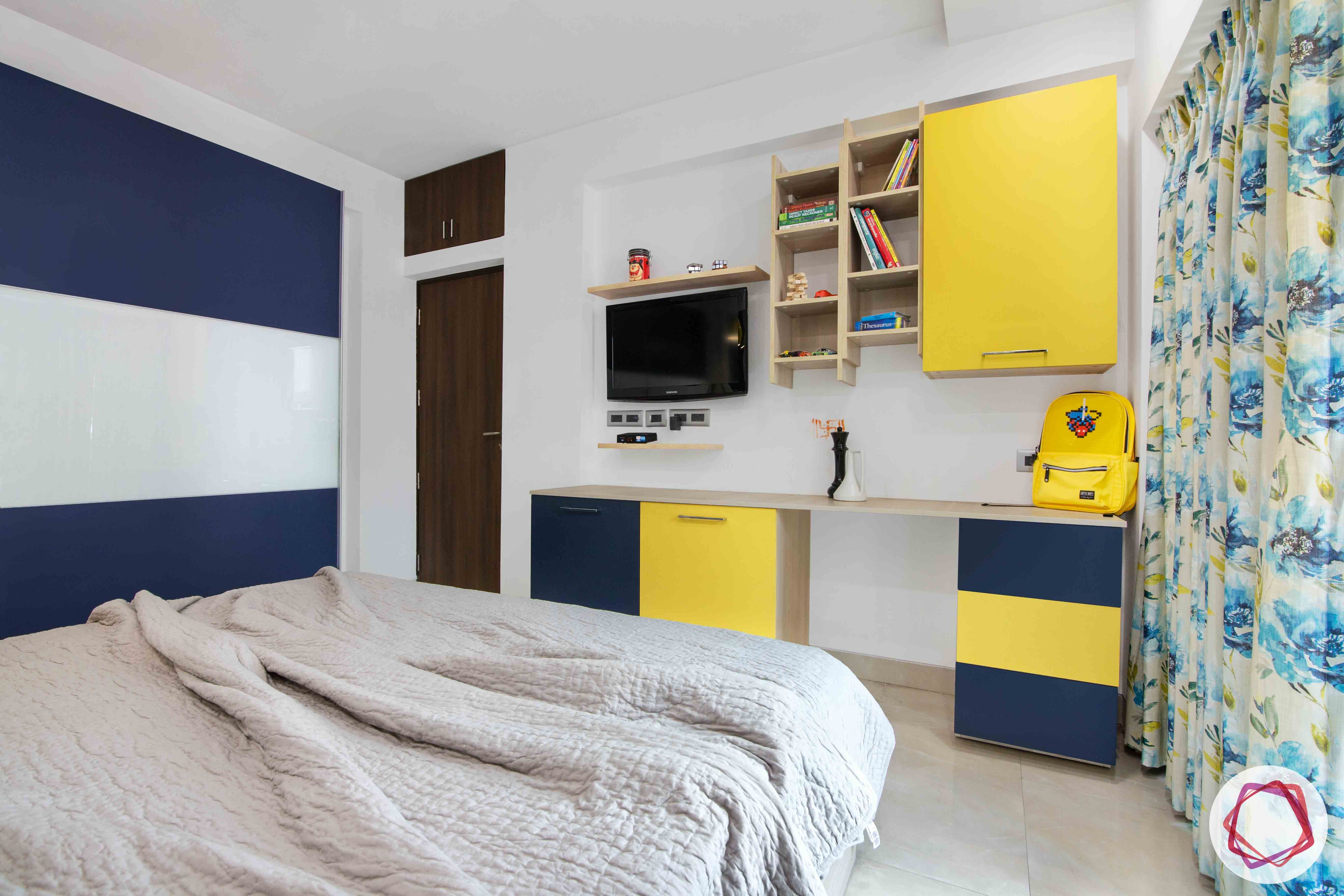 kids-bedroom-yellow-blue-cabinet-wooden-TV-unit