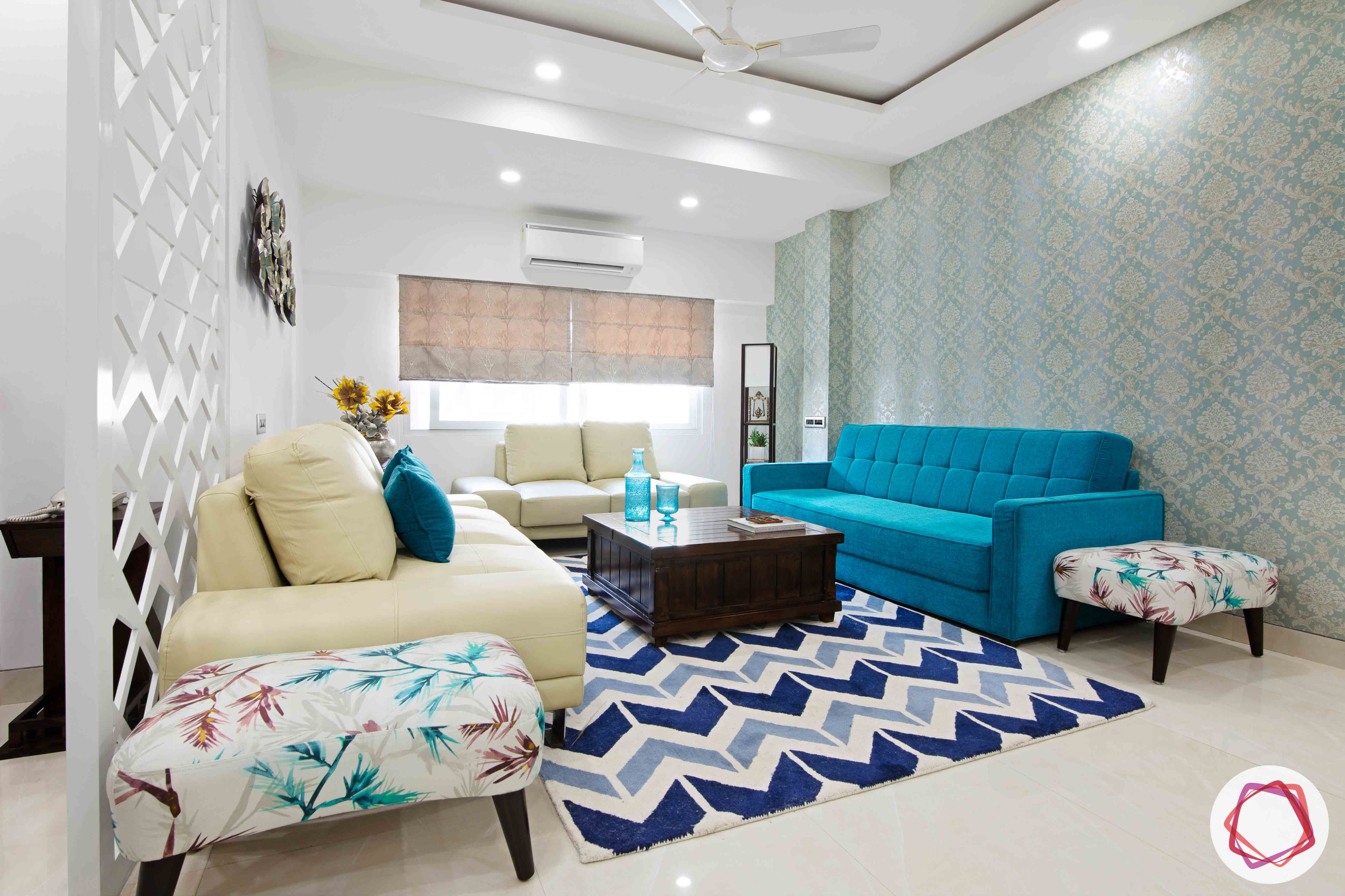 Old House Renovation-living-room-sofas-coffee-table-rug-wallpaper-ottomans