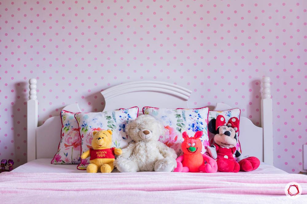 modern house images-kids room-carved headboard-polka dot wallpaper