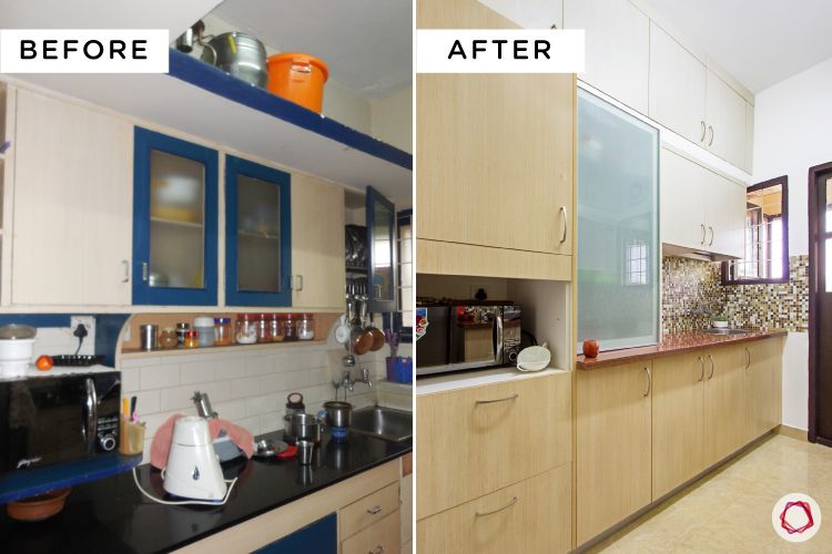 Simple kitchen designs for Indian homes-cabinets-before-after-beige-white